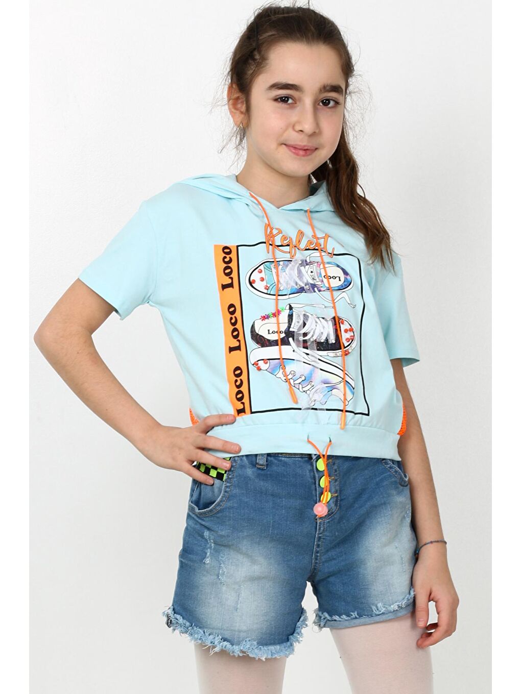 Turkuaz Kız Çocuk Kapüşonlu File Tshirt 10-15 Yaş 13960