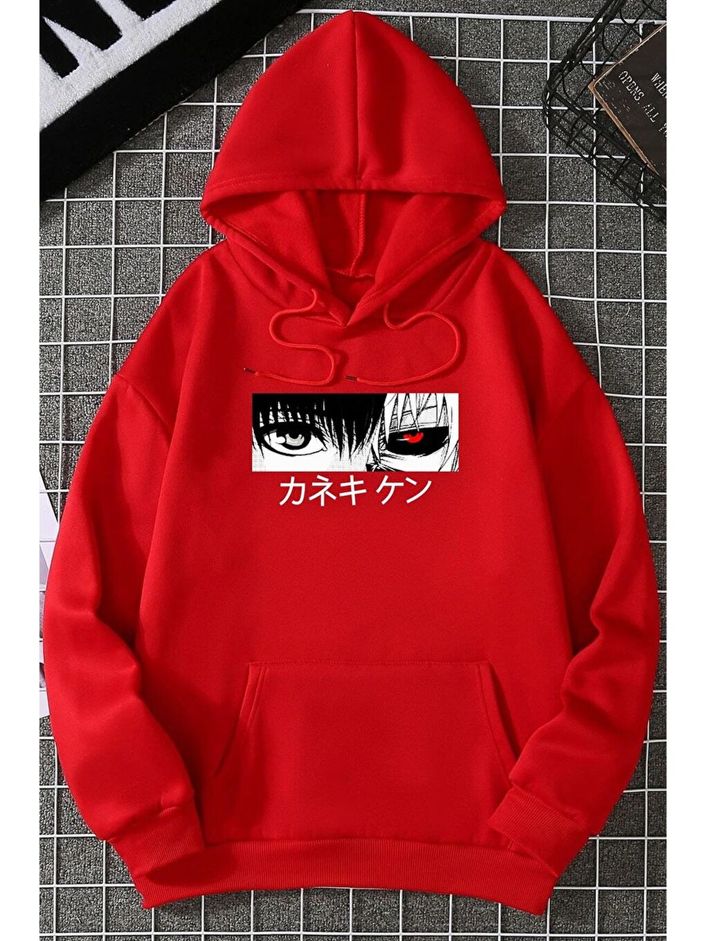 uyguntarz Kırmızı Unisex Ken Kaneki Baskılı Kapüşonlu Sweatshirt