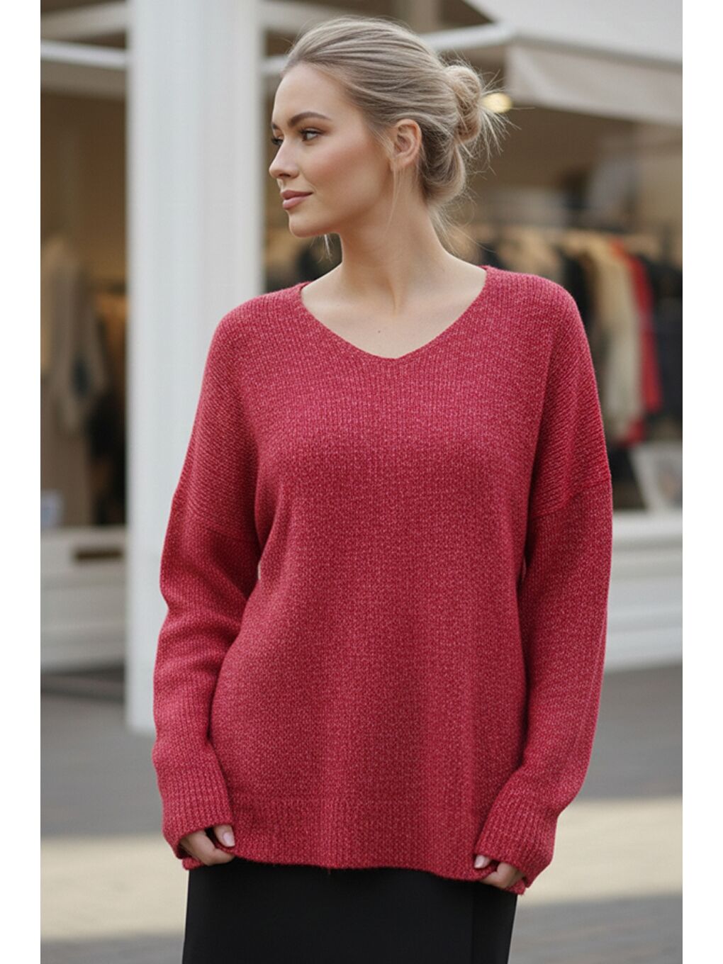 Alev Kırmızısı V Yaka Uzun Kol Yırtmaçlı Simli Casual Arkası Uzun Oversize Triko Kazak 70 75-1