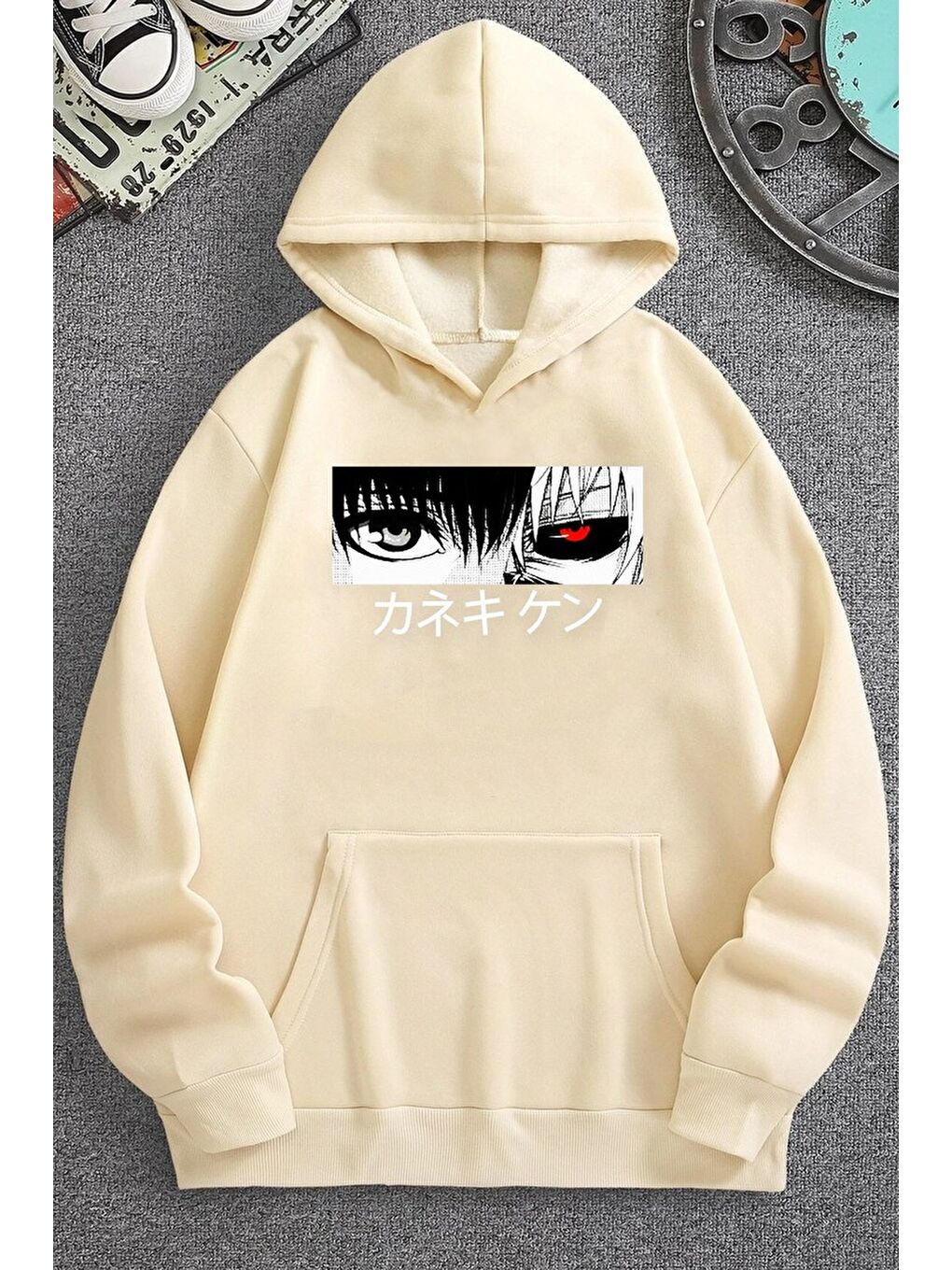 uyguntarz Bej Unisex Ken Kaneki Baskılı Kapüşonlu Sweatshirt