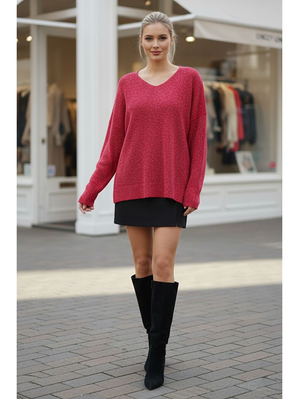 Alev Kırmızısı V Yaka Uzun Kol Yırtmaçlı Simli Casual Arkası Uzun Oversize Triko Kazak 70 75-2