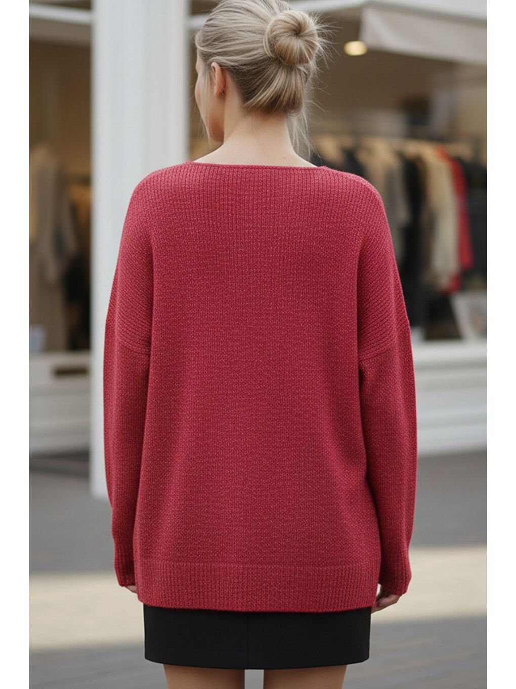 Alev Kırmızısı V Yaka Uzun Kol Yırtmaçlı Simli Casual Arkası Uzun Oversize Triko Kazak 70 75-3