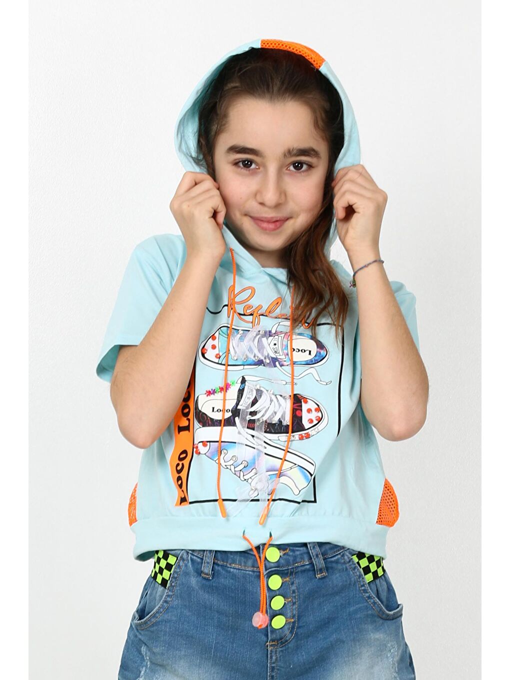 Turkuaz Kız Çocuk Kapüşonlu File Tshirt 10-15 Yaş 13960-1