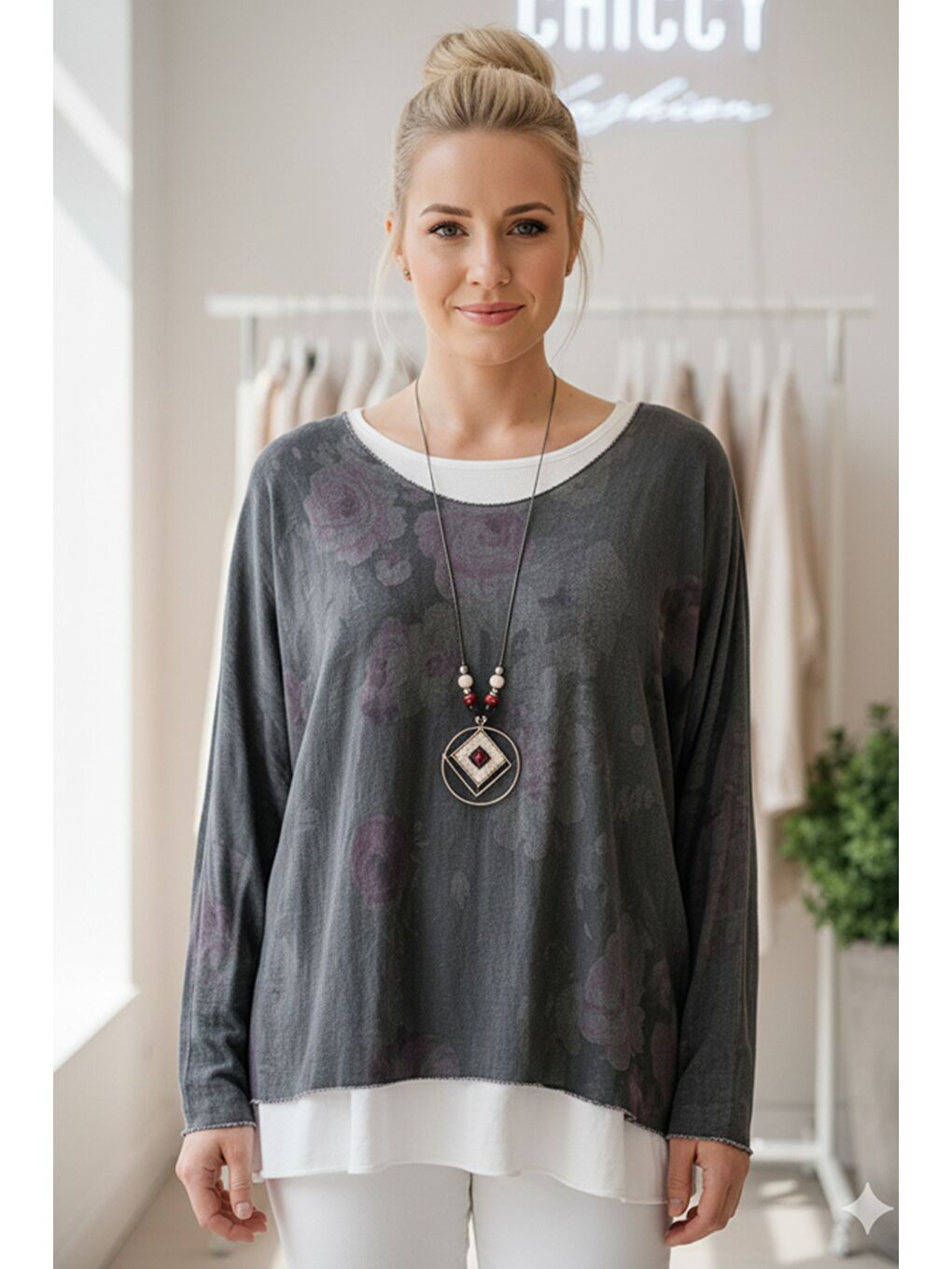 İtalyan Antrasit Havuz Yaka Uzun Kol Desenli İnce İkili Set İçi Kolsuz Penye Triko Bluz 70 60