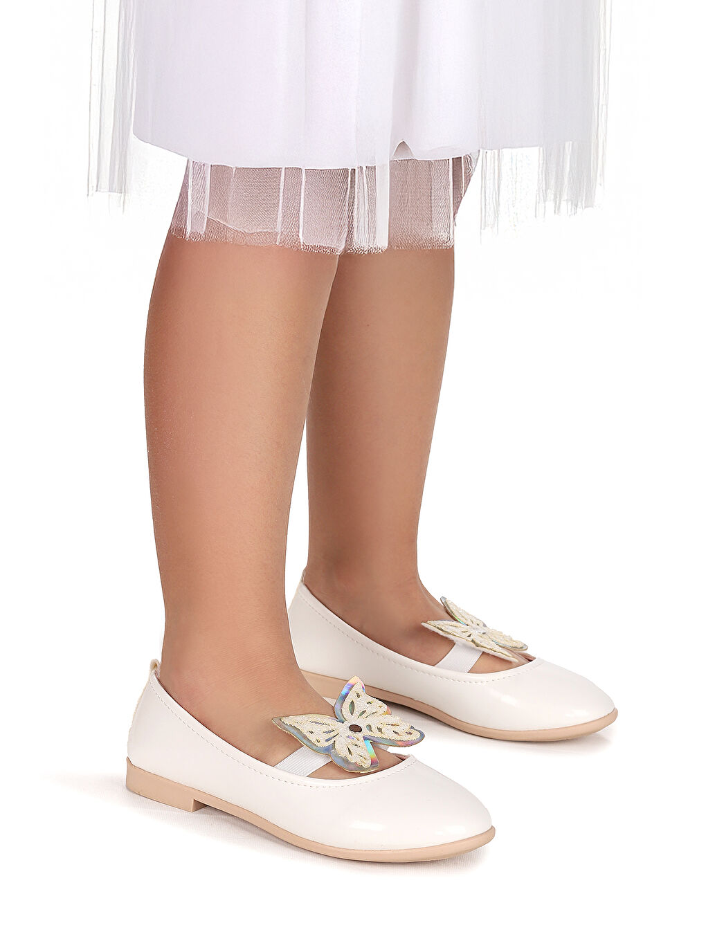 Beyaz Menz Rugan Kelebek Lastikli Kız Çocuk Babet Ayakkabı-2