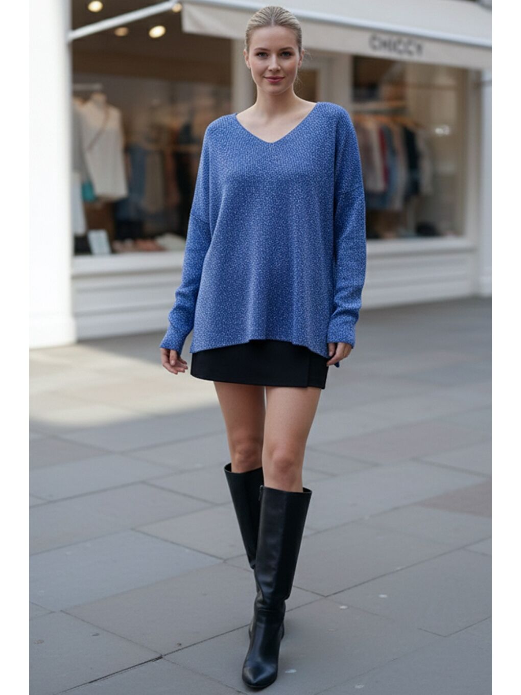 Saks Mavisi V Yaka Uzun Kol Yırtmaçlı Simli Casual Arkası Uzun Oversize Triko Kazak 70 75-2