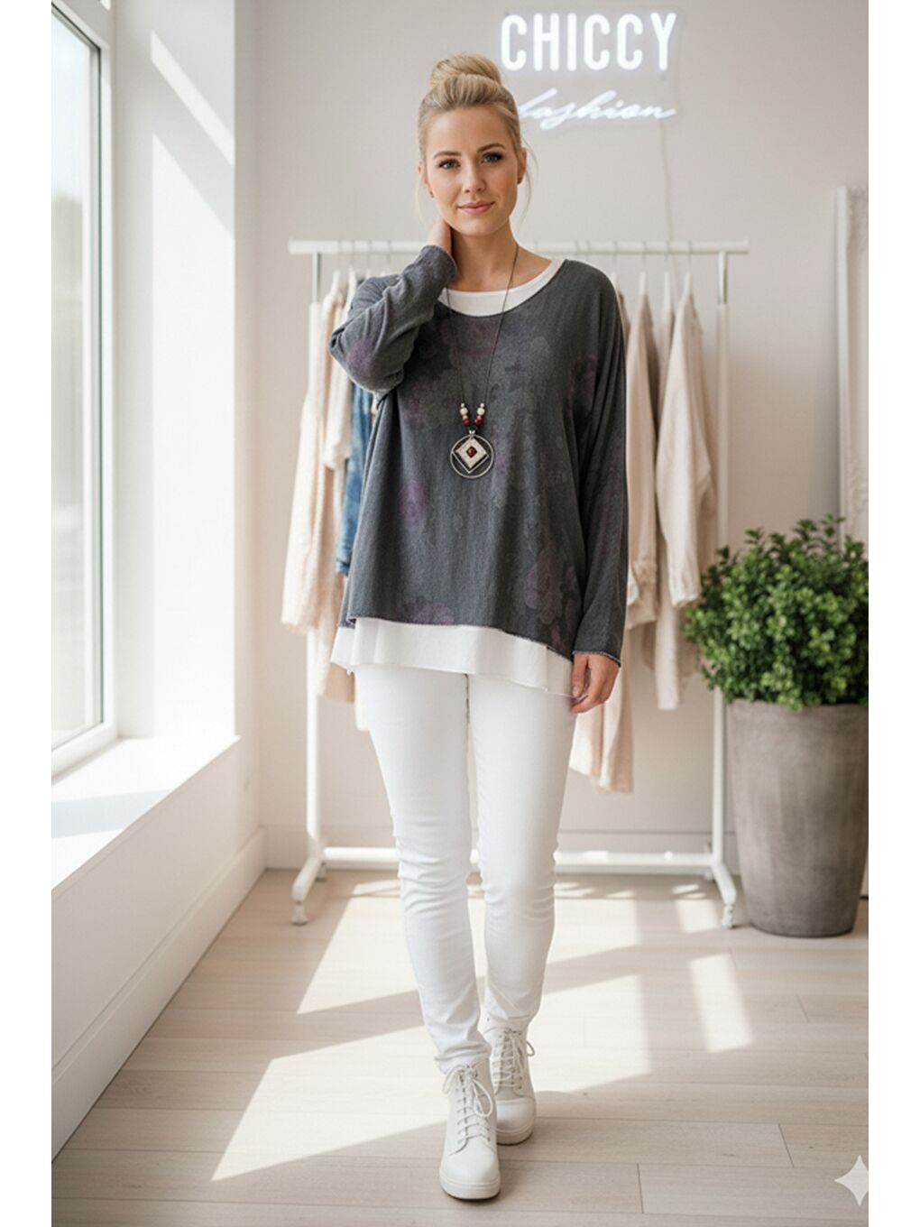 İtalyan Antrasit Havuz Yaka Uzun Kol Desenli İnce İkili Set İçi Kolsuz Penye Triko Bluz 70 60-1