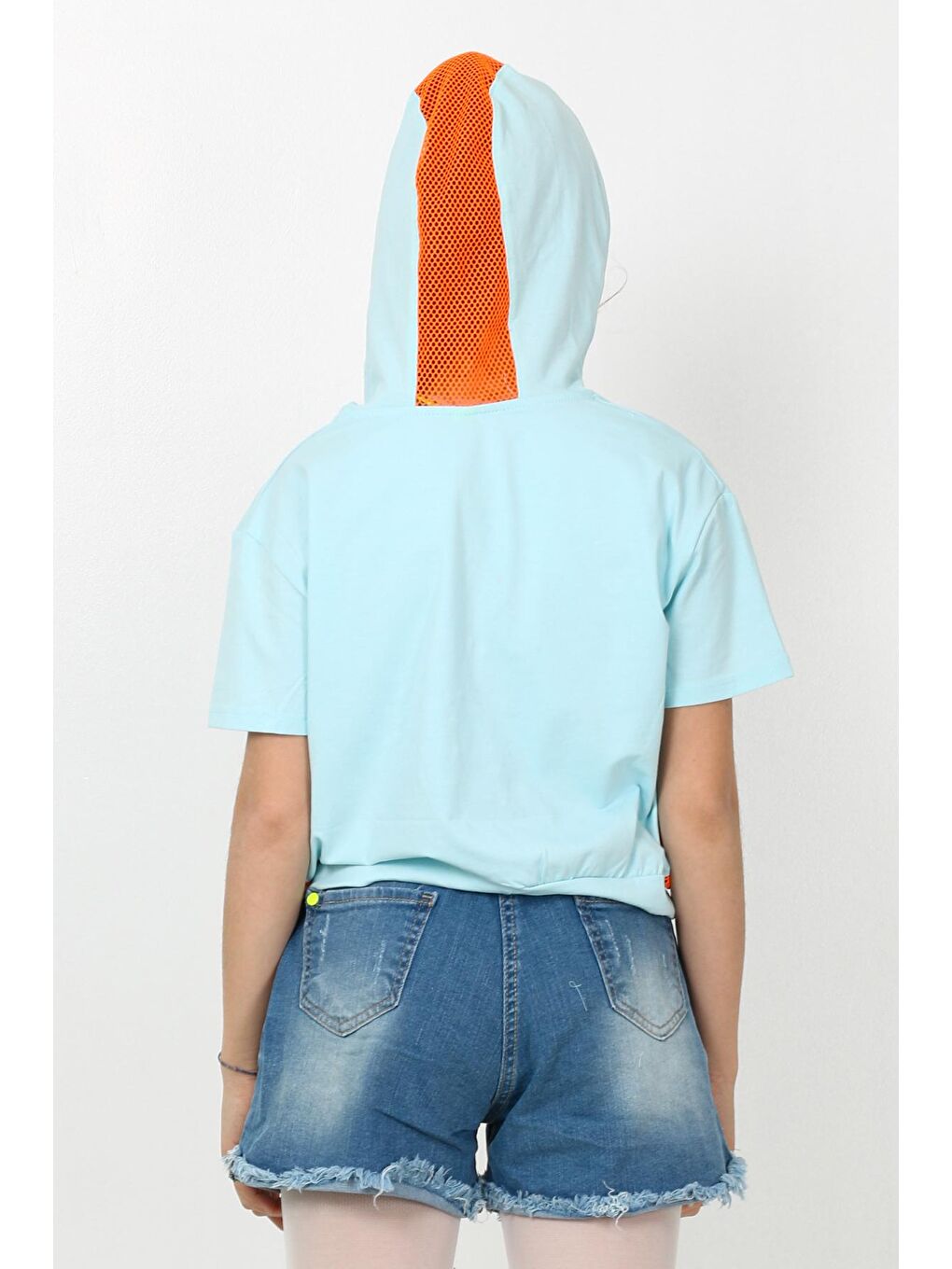 Turkuaz Kız Çocuk Kapüşonlu File Tshirt 10-15 Yaş 13960-2