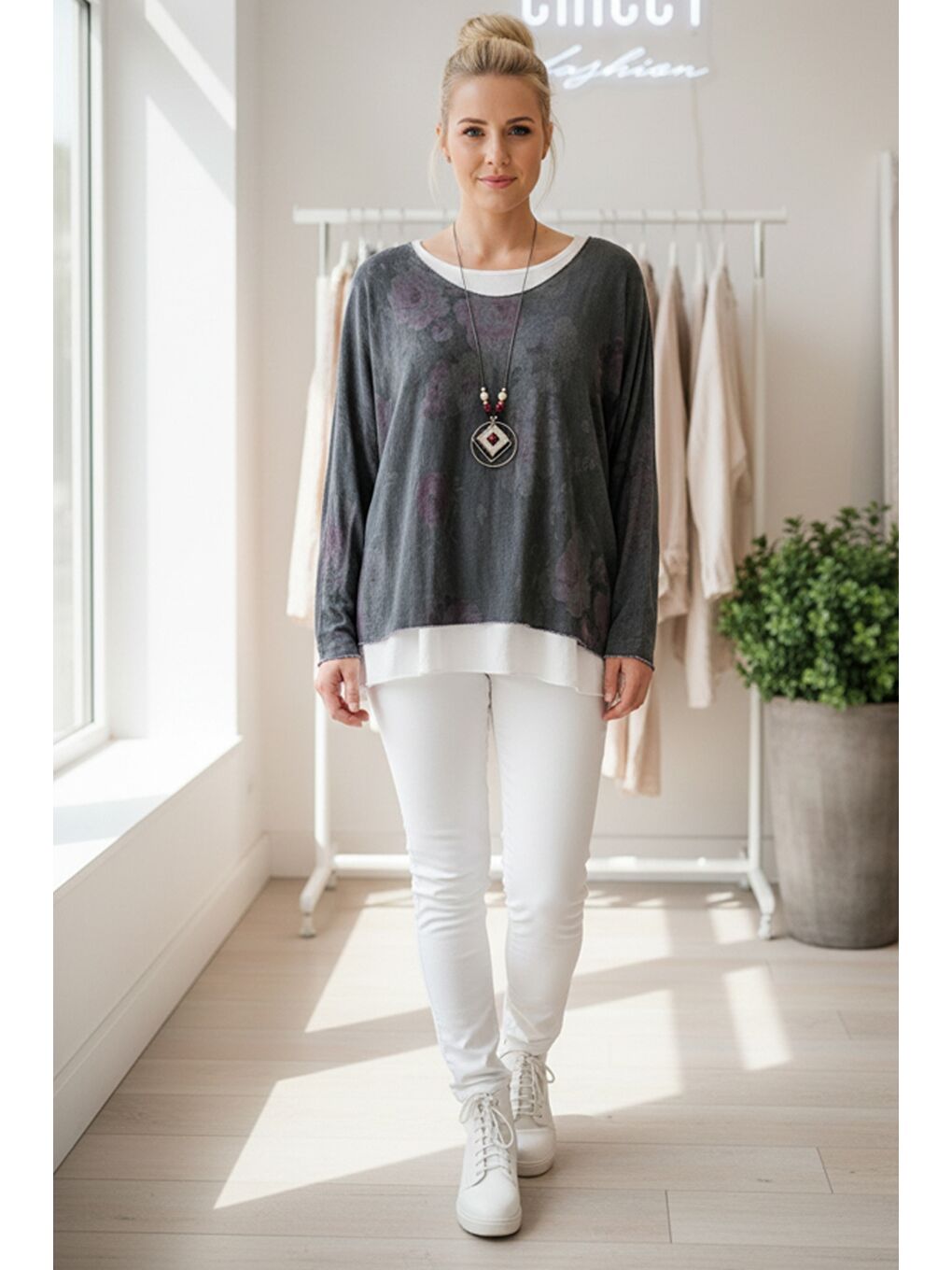 İtalyan Antrasit Havuz Yaka Uzun Kol Desenli İnce İkili Set İçi Kolsuz Penye Triko Bluz 70 60-2