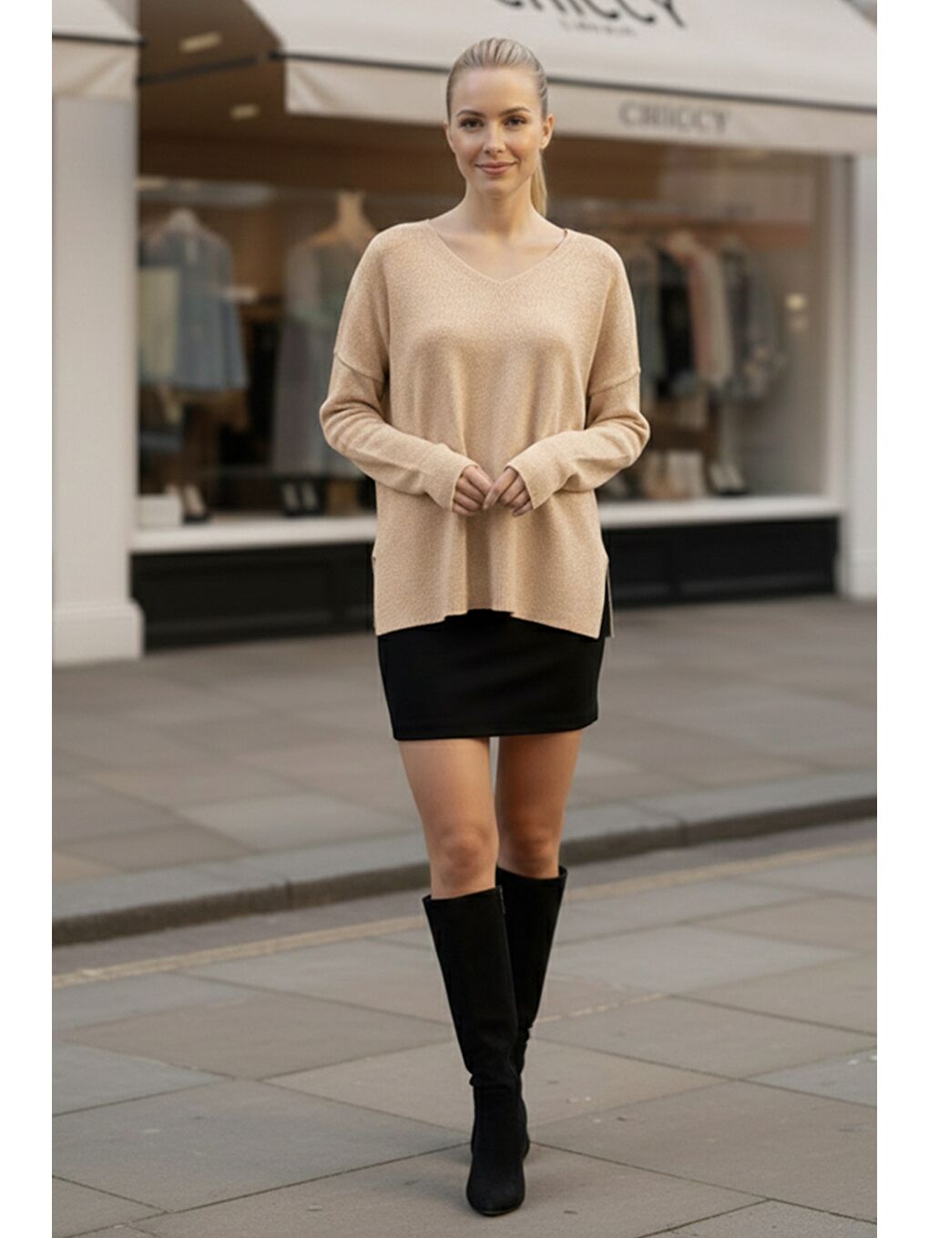 Kahverengi Sütlü Kahve V Yaka Uzun Kol Yırtmaçlı Simli Casual Arkası Uzun Oversize Triko Kazak 70 75-1