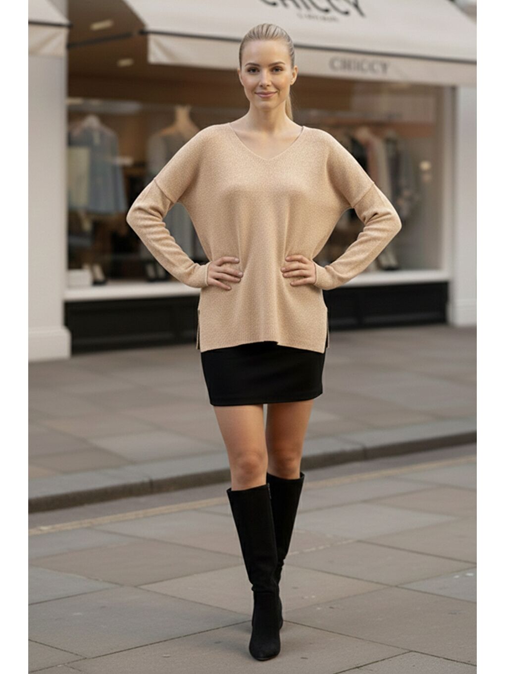 Kahverengi Sütlü Kahve V Yaka Uzun Kol Yırtmaçlı Simli Casual Arkası Uzun Oversize Triko Kazak 70 75-2