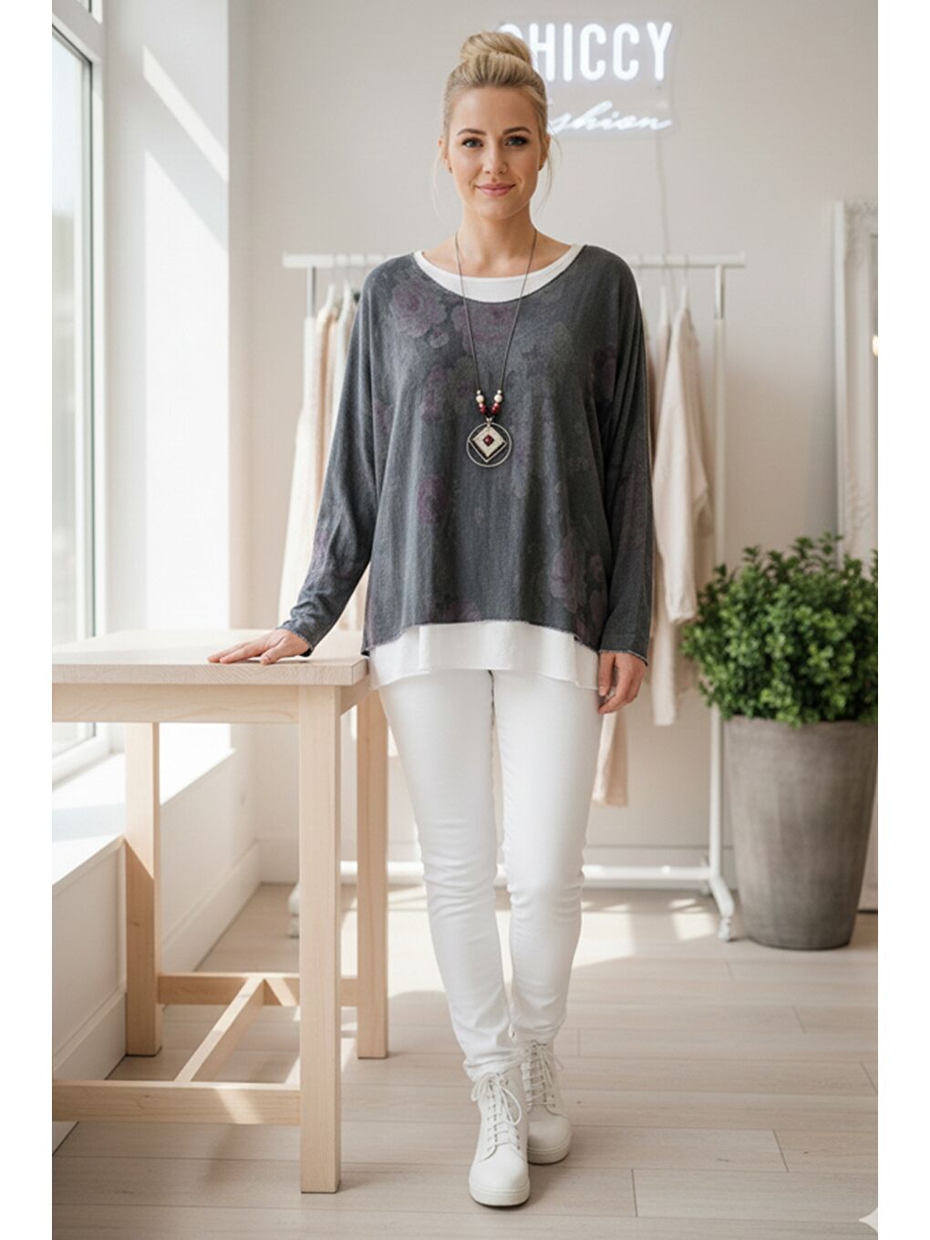 İtalyan Antrasit Havuz Yaka Uzun Kol Desenli İnce İkili Set İçi Kolsuz Penye Triko Bluz 70 60-3