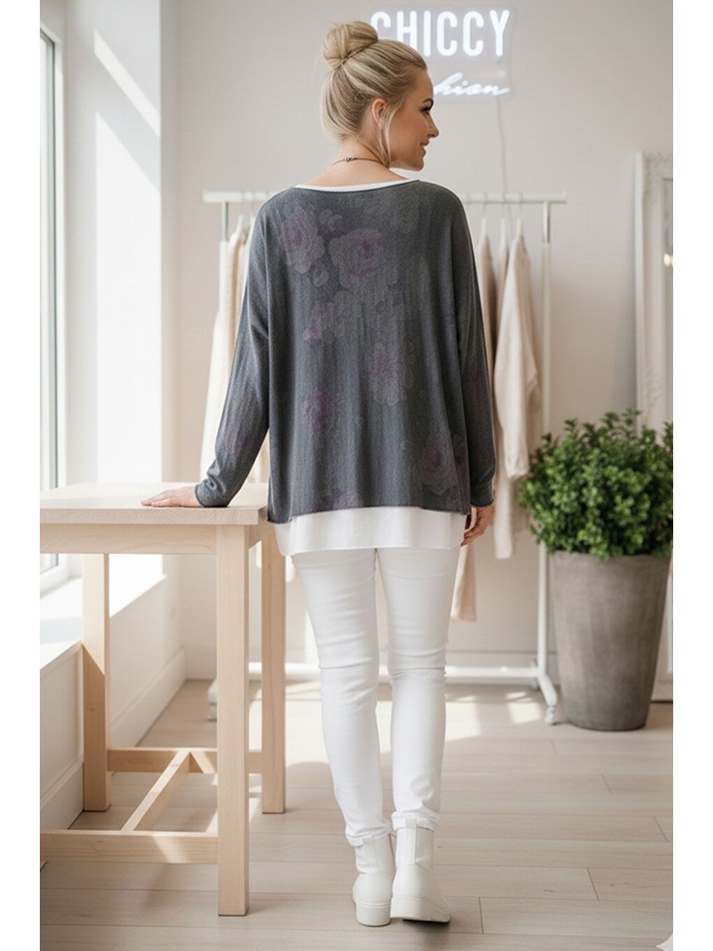 İtalyan Antrasit Havuz Yaka Uzun Kol Desenli İnce İkili Set İçi Kolsuz Penye Triko Bluz 70 60-4