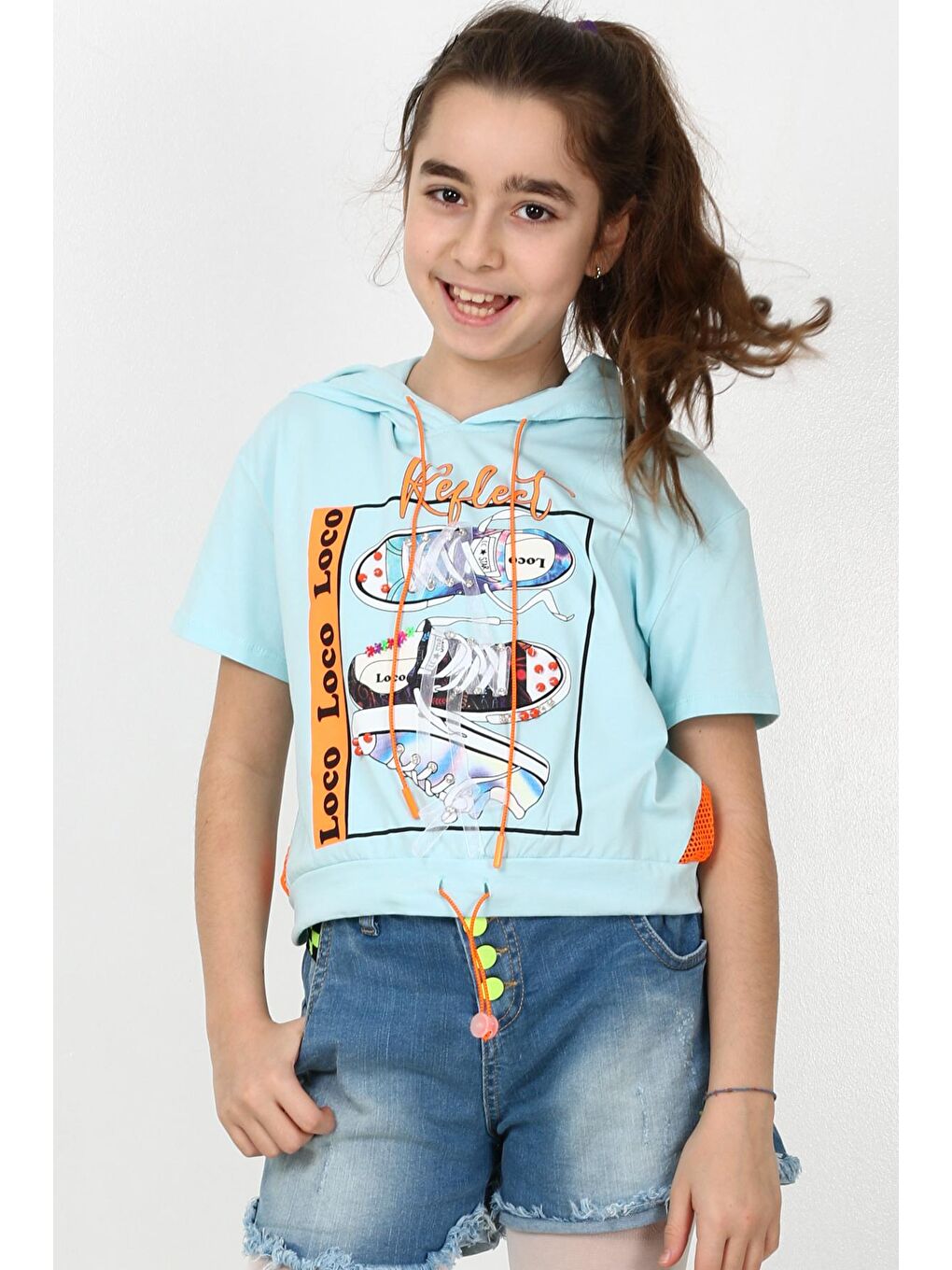 Turkuaz Kız Çocuk Kapüşonlu File Tshirt 10-15 Yaş 13960-3