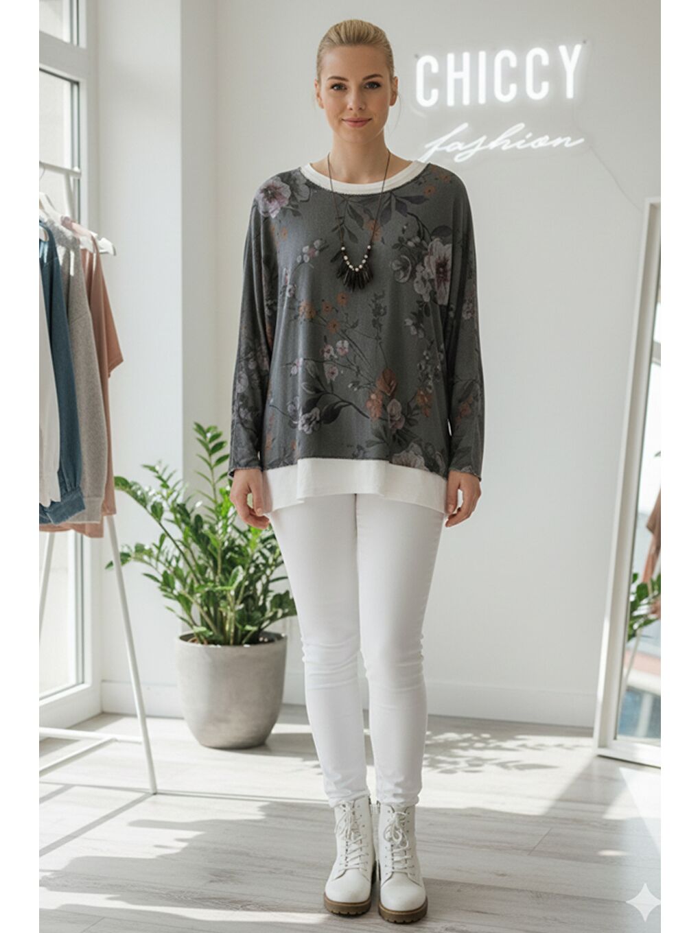 İtalyan Antrasit Havuz Yaka Uzun Kol Desenli İnce İkili Set İçi Kolsuz Penye Triko Bluz 70 60-2