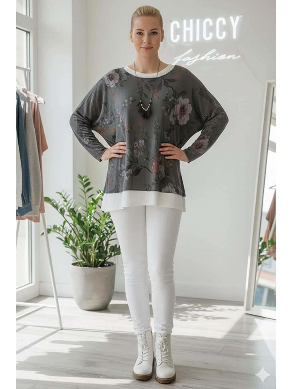 İtalyan Antrasit Havuz Yaka Uzun Kol Desenli İnce İkili Set İçi Kolsuz Penye Triko Bluz 70 60-3