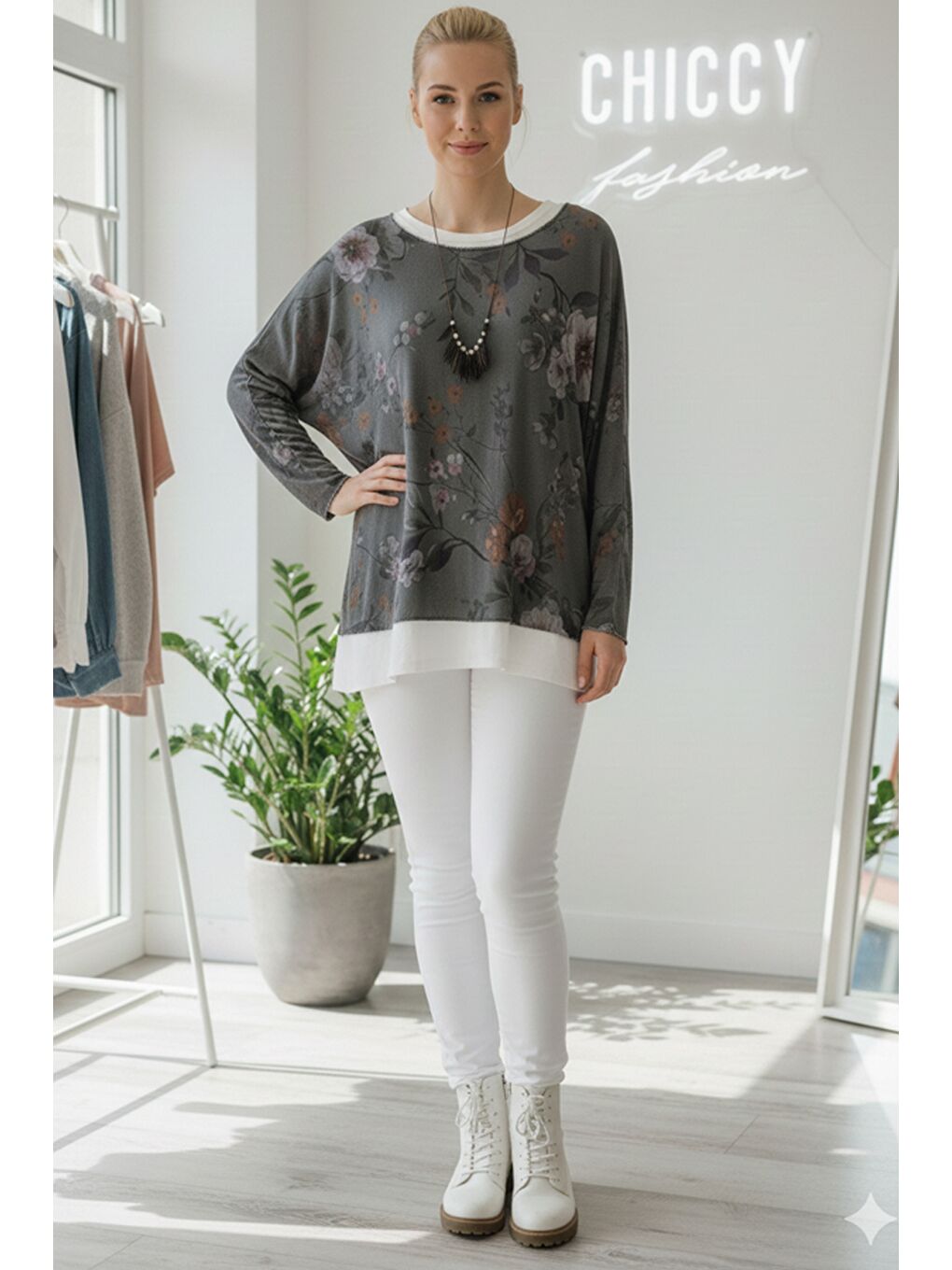 İtalyan Antrasit Havuz Yaka Uzun Kol Desenli İnce İkili Set İçi Kolsuz Penye Triko Bluz 70 60-4