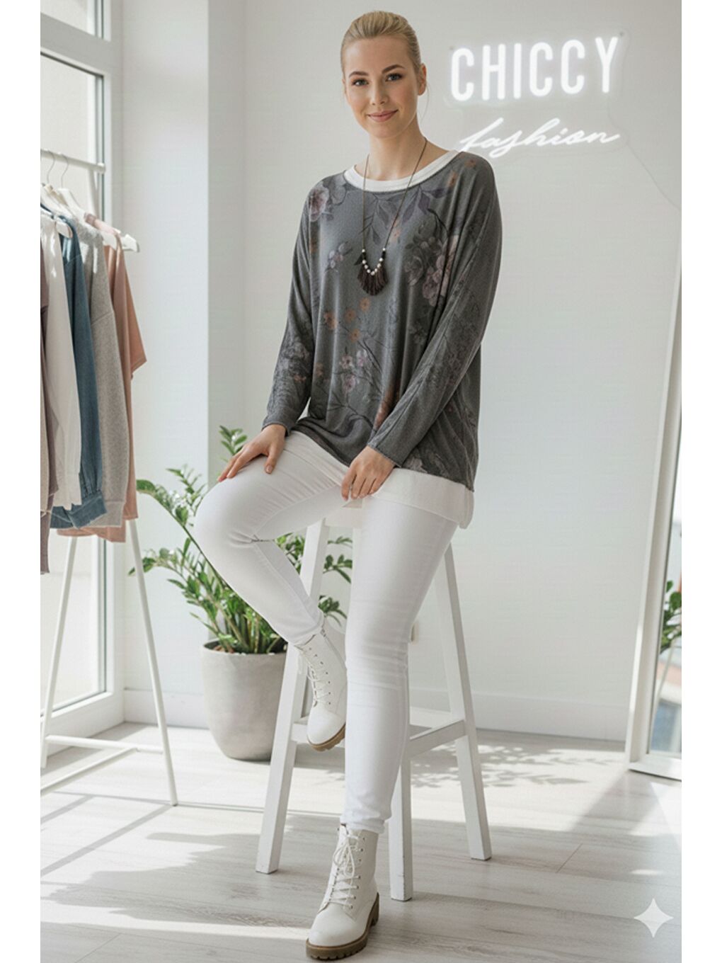 İtalyan Antrasit Havuz Yaka Uzun Kol Desenli İnce İkili Set İçi Kolsuz Penye Triko Bluz 70 60-5