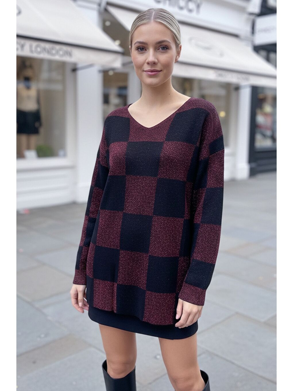 Siyah-Bordo V Yaka Uzun Kol Ekose İnce Simli Casual Oversize Triko Kazak 73 64