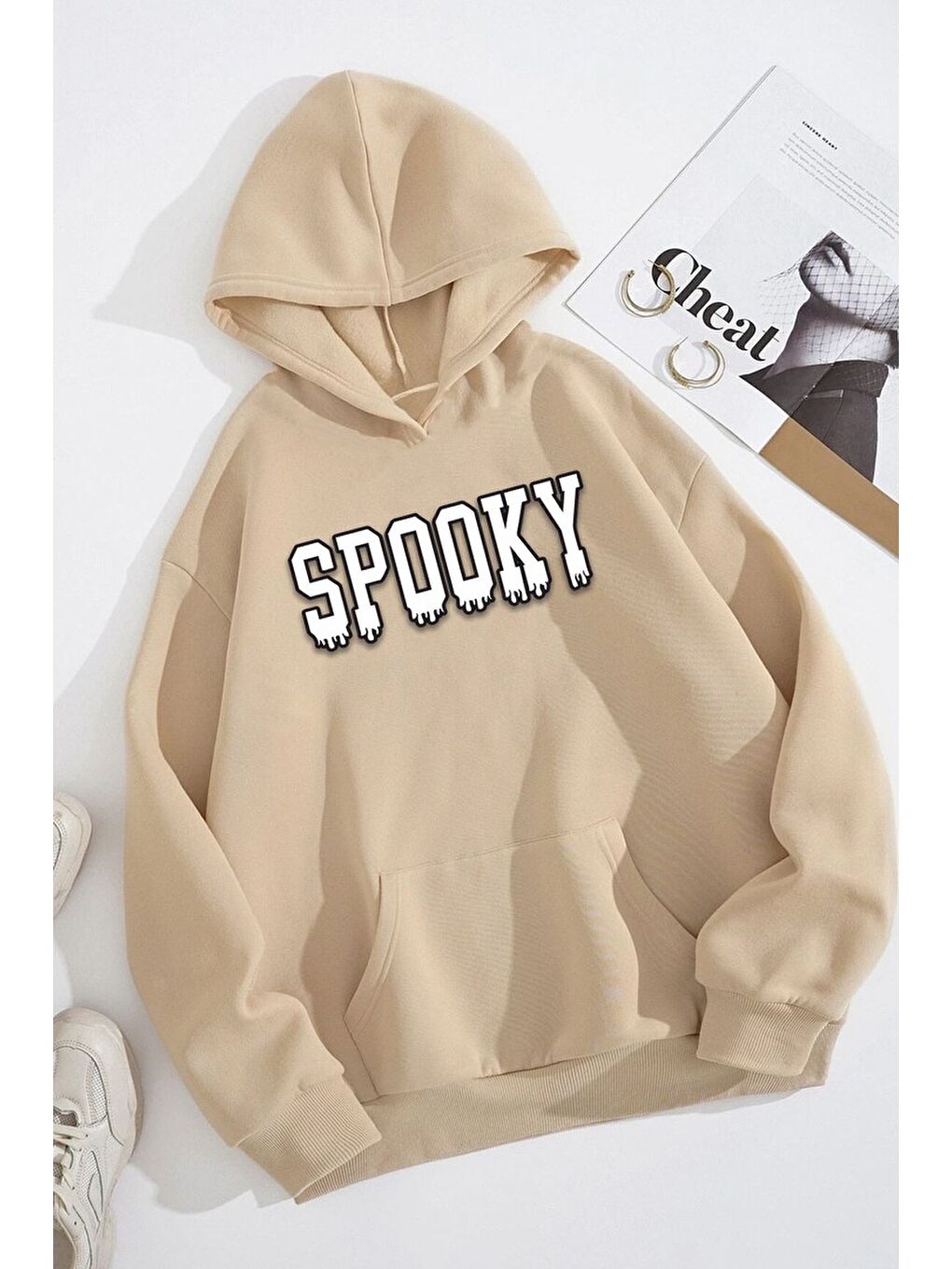 uyguntarz Bej Unisex Spooky Baskılı Sweatshirt