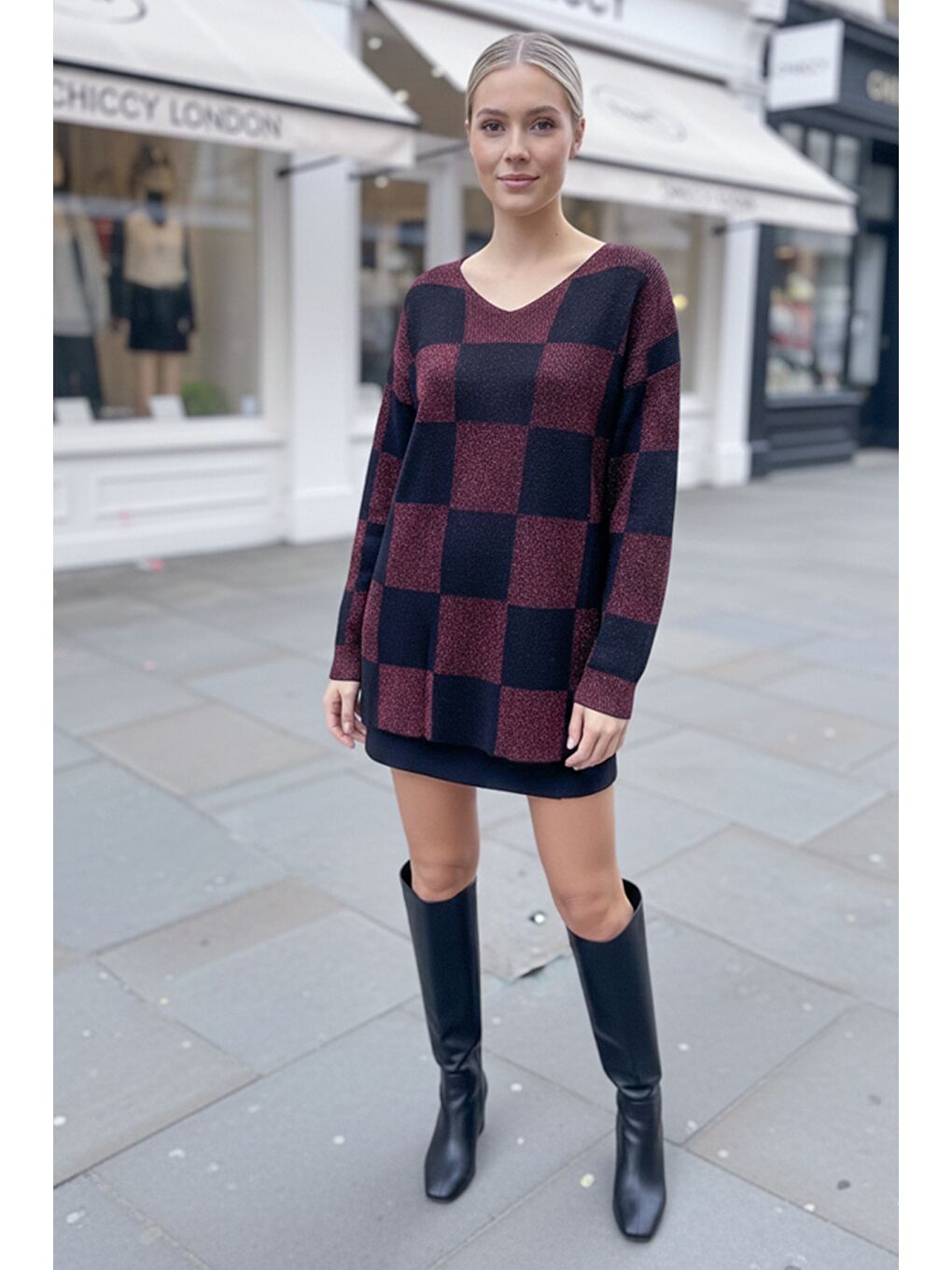 Siyah-Bordo V Yaka Uzun Kol Ekose İnce Simli Casual Oversize Triko Kazak 73 64-1