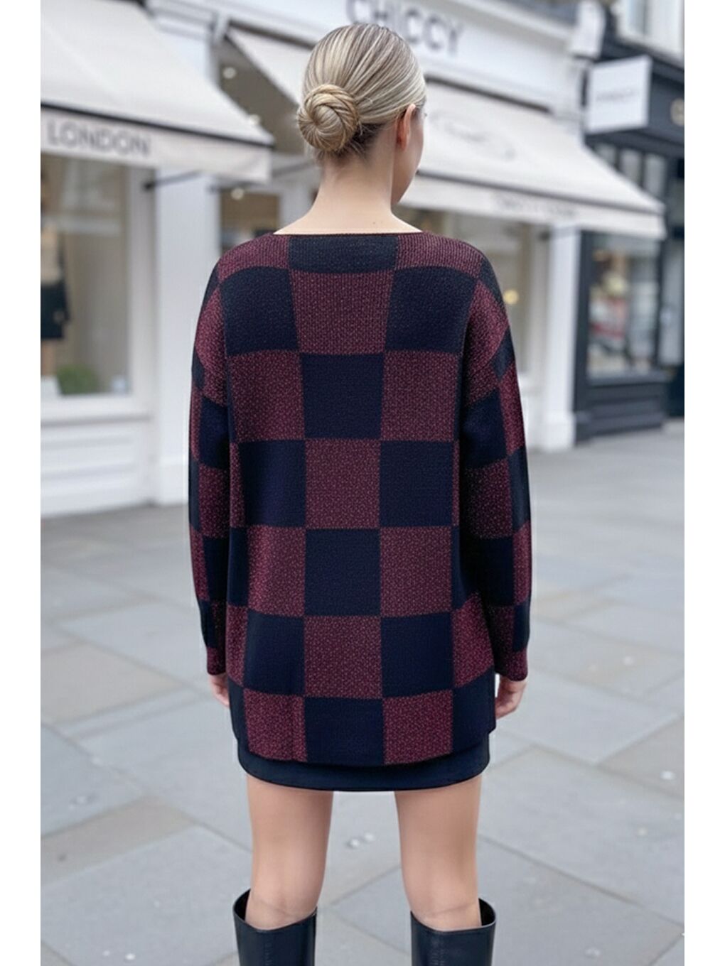 Siyah-Bordo V Yaka Uzun Kol Ekose İnce Simli Casual Oversize Triko Kazak 73 64-2