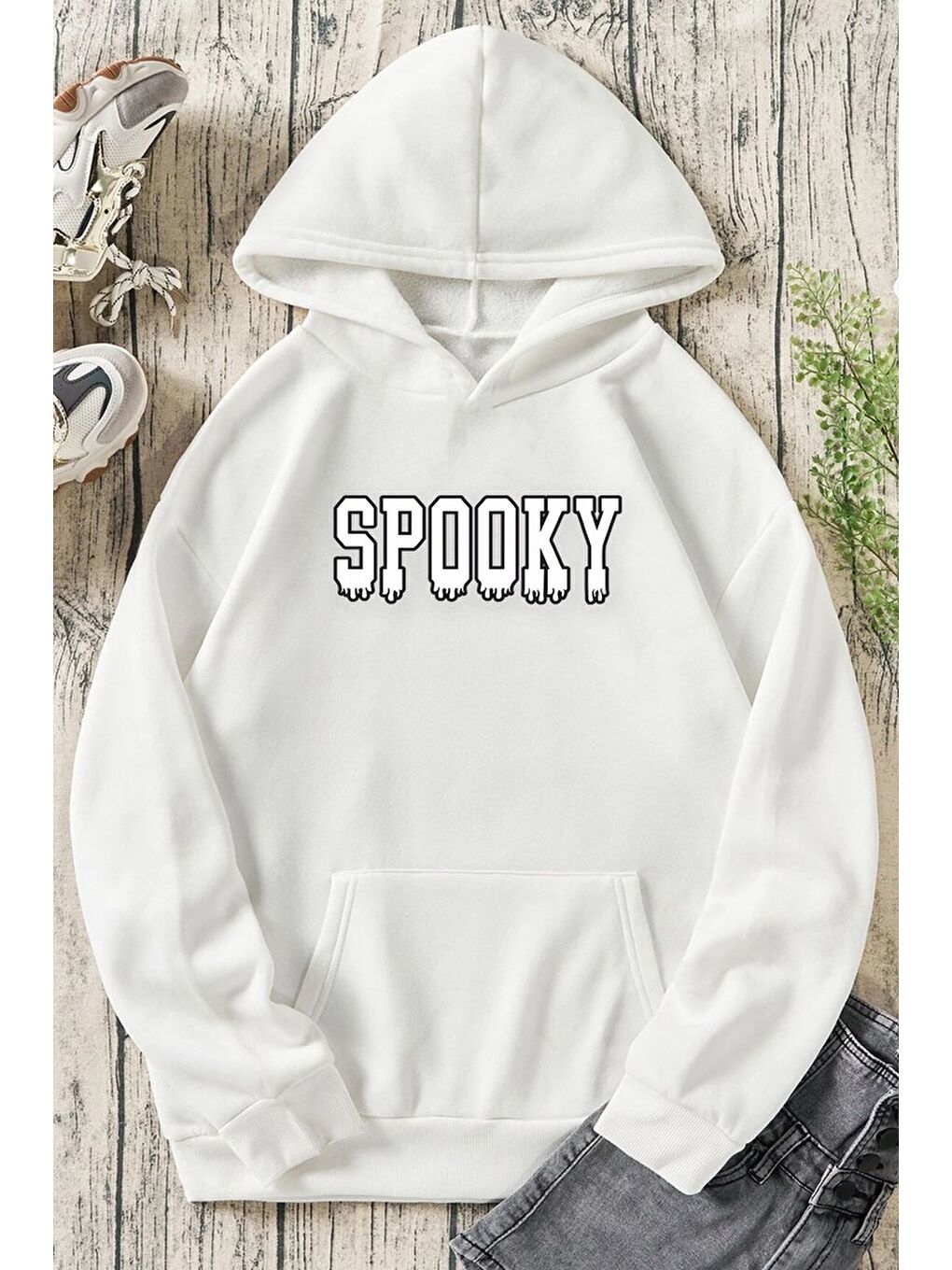 uyguntarz Beyaz Unisex Spooky Baskılı Sweatshirt