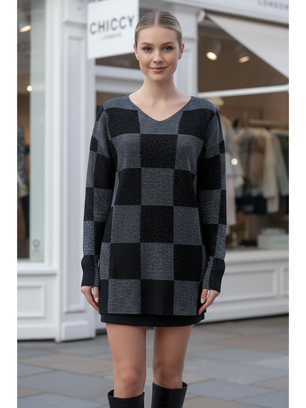 Siyah-Gri V Yaka Uzun Kol Ekose İnce Simli Casual Oversize Triko Kazak 73 64-1