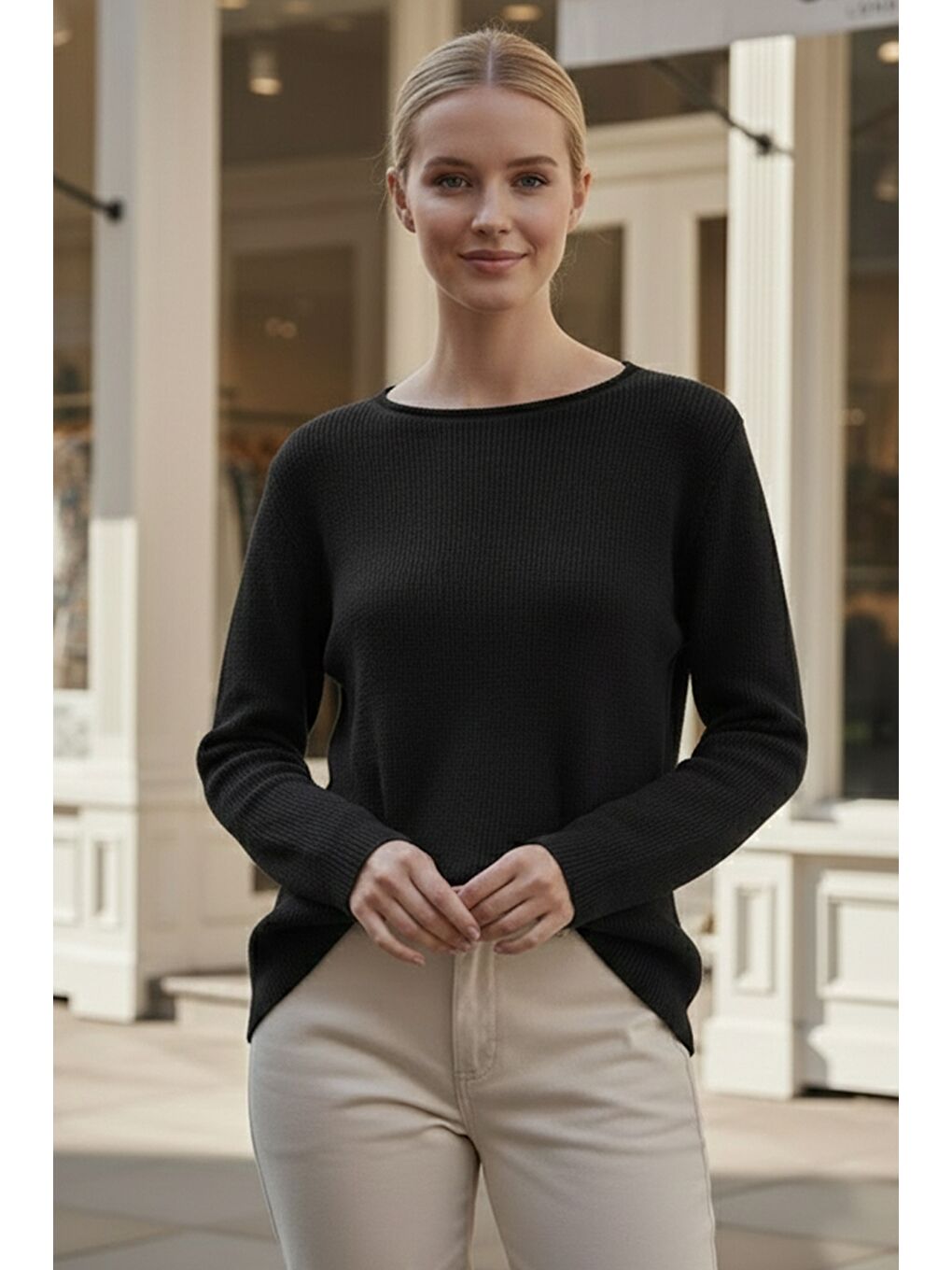 Siyah Kayık Yaka Uzun Kol Selanik Örgü Casual Oversize Triko Kazak 66 68