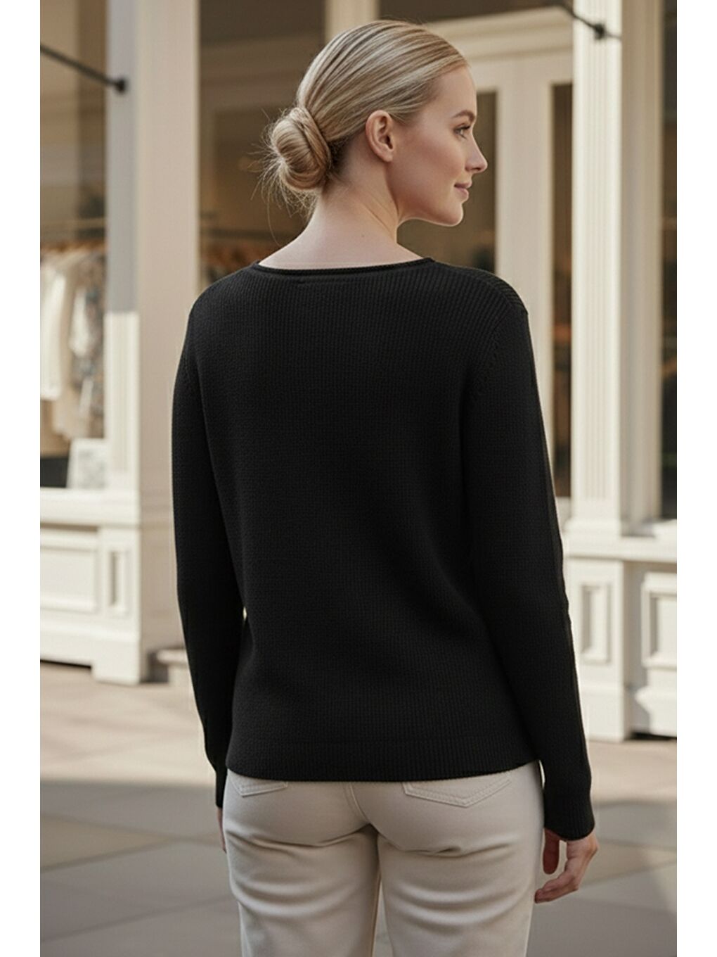 Siyah Kayık Yaka Uzun Kol Selanik Örgü Casual Oversize Triko Kazak 66 68-1