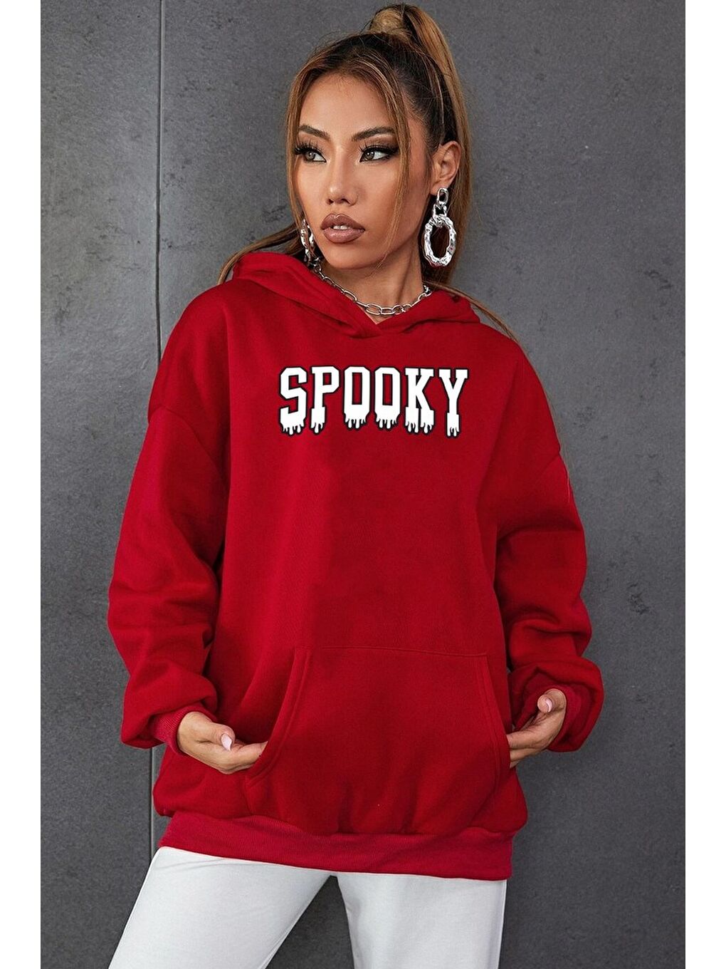 uyguntarz Kırmızı Unisex Spooky Baskılı Sweatshirt