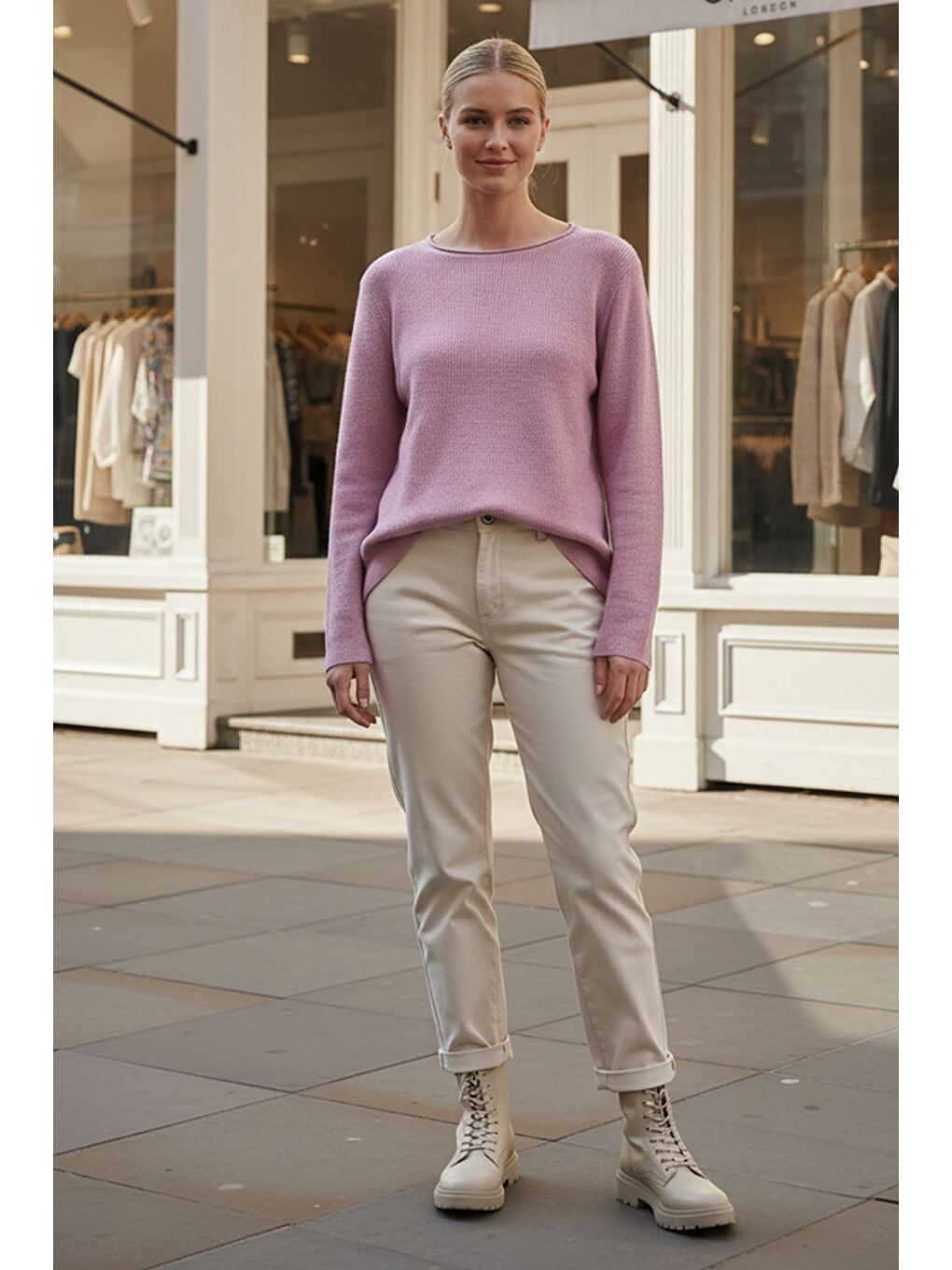 Pastel Pembe Kayık Yaka Uzun Kol Selanik Örgü Casual Oversize Triko Kazak 66 68-1