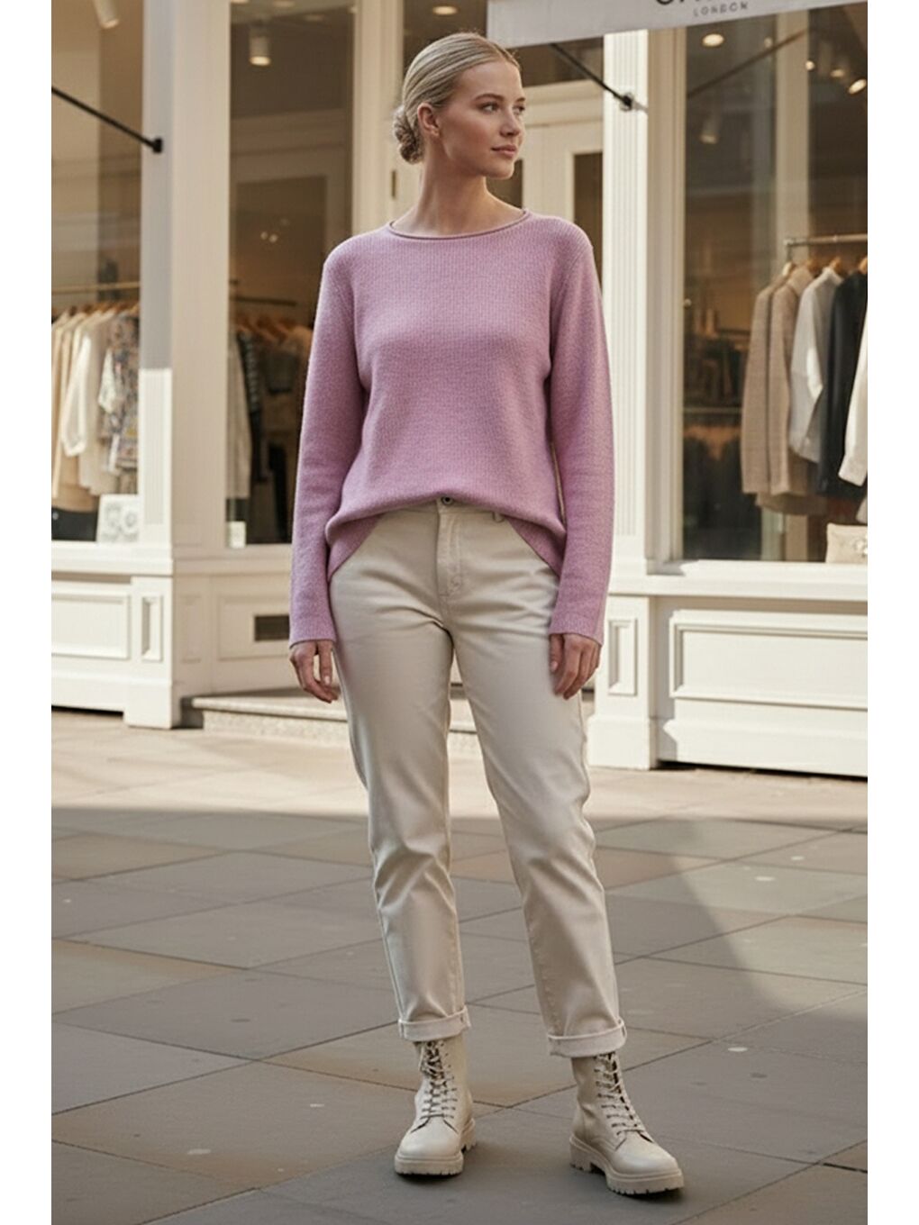 Pastel Pembe Kayık Yaka Uzun Kol Selanik Örgü Casual Oversize Triko Kazak 66 68-2