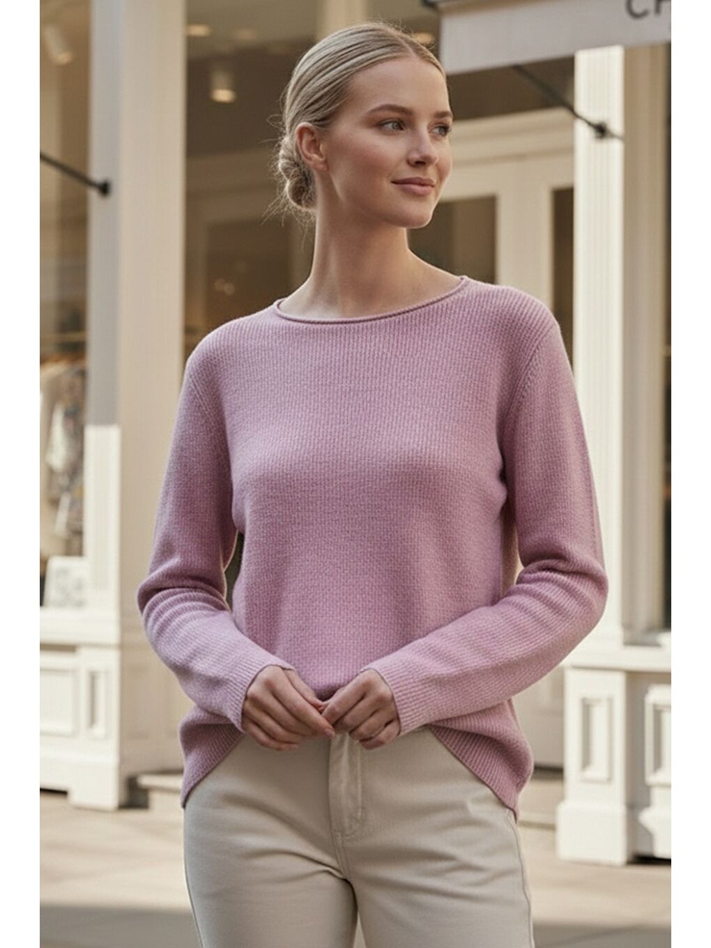 Pastel Pembe Kayık Yaka Uzun Kol Selanik Örgü Casual Oversize Triko Kazak 66 68-3