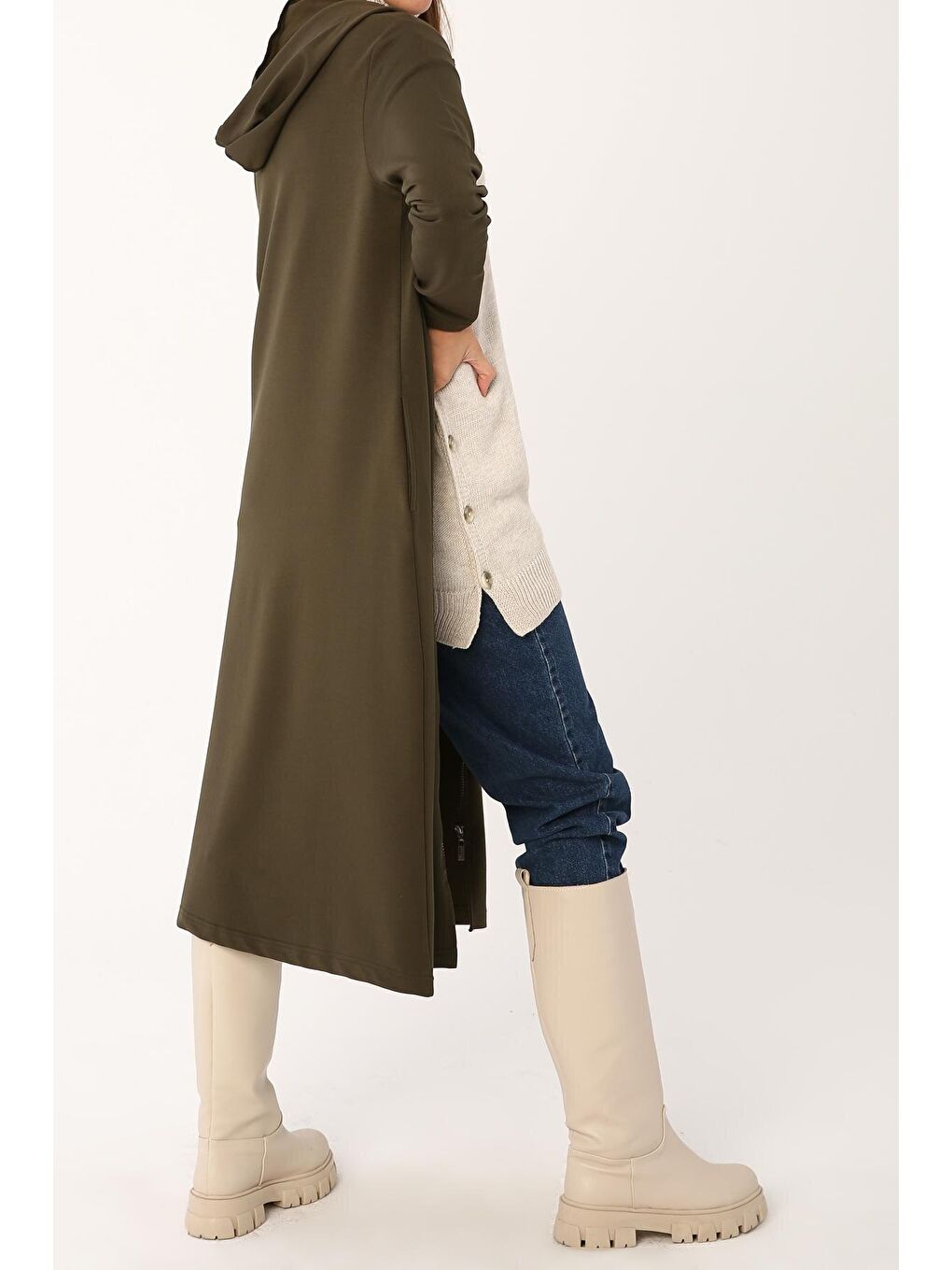 Koyu Haki Baskılı Kapüşonlu Hırka