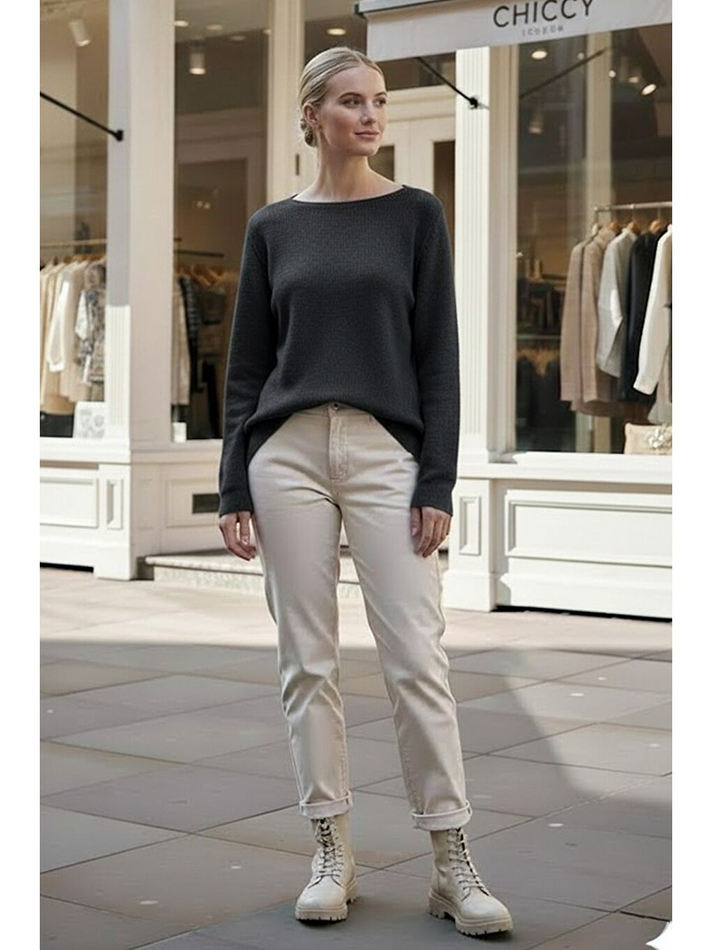 Koyu Antrasit Kayık Yaka Uzun Kol Selanik Örgü Casual Oversize Triko Kazak 66 68-1