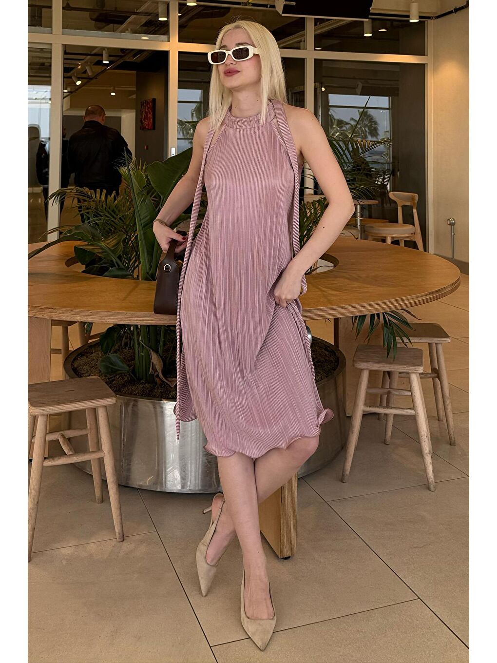 Pembe Pudra Halter Yaka Kadın Elbise Mg2351