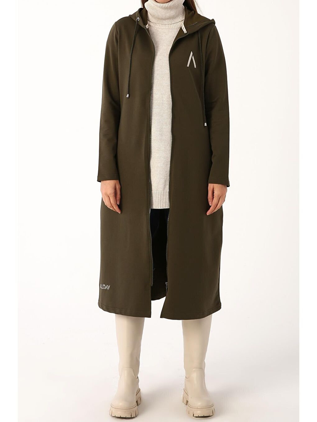 Koyu Haki Baskılı Kapüşonlu Hırka-1