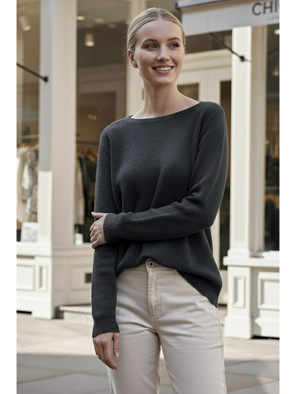 Koyu Antrasit Kayık Yaka Uzun Kol Selanik Örgü Casual Oversize Triko Kazak 66 68-3