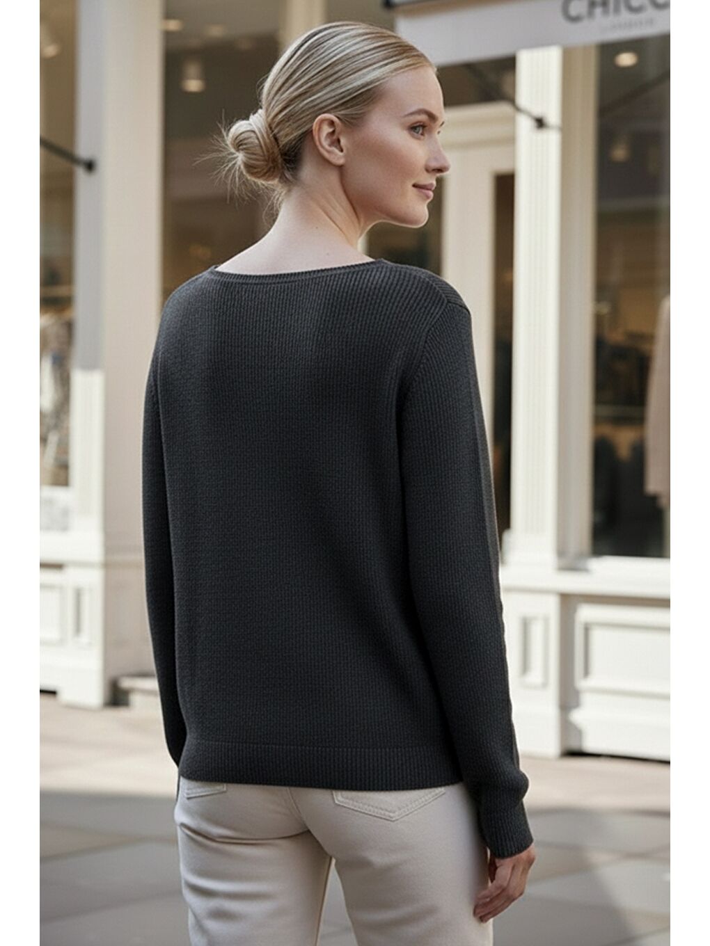 Koyu Antrasit Kayık Yaka Uzun Kol Selanik Örgü Casual Oversize Triko Kazak 66 68-4