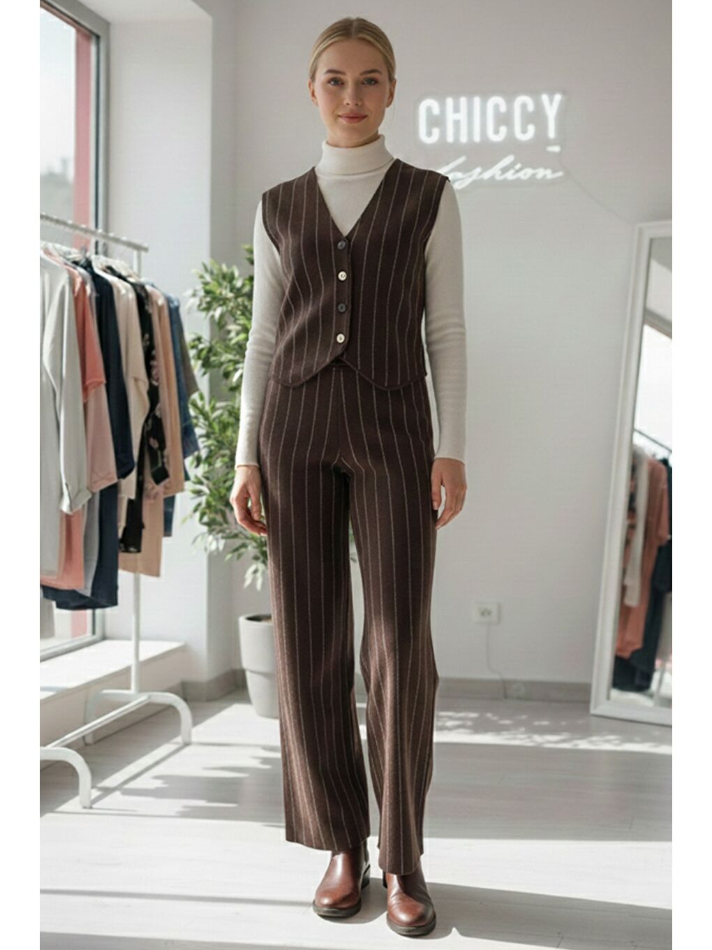 Kahverengi V Yaka Kolsuz Çizgili Lastikli Bel Oversize Triko Yelek Pantolon Takım 55-110 55-55-2