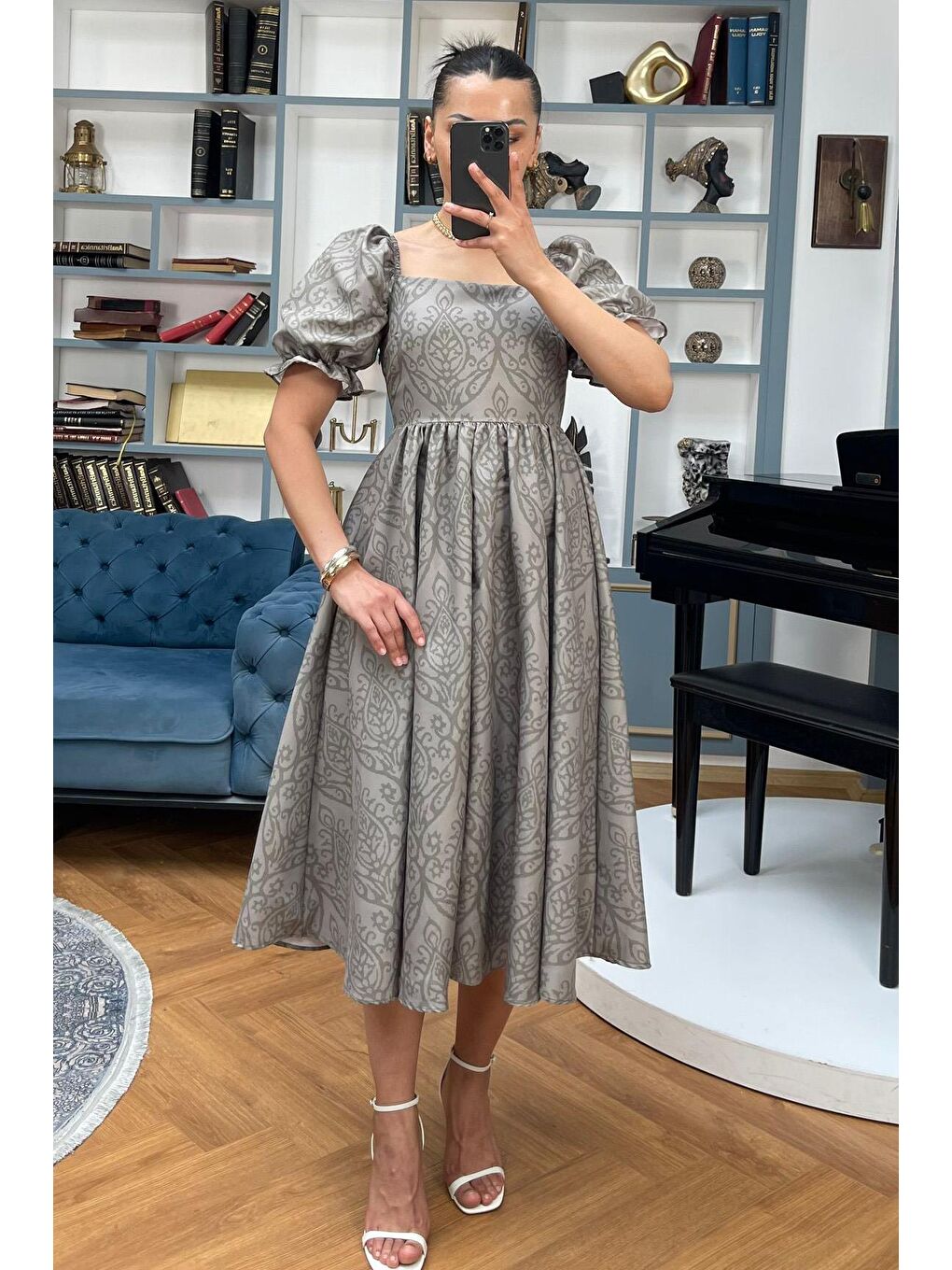 Haki Balon Kol Desenli Midi Boy Kadın Elbise Mg2419-1