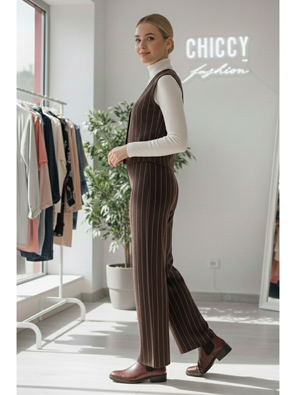 Kahverengi V Yaka Kolsuz Çizgili Lastikli Bel Oversize Triko Yelek Pantolon Takım 55-110 55-55-3