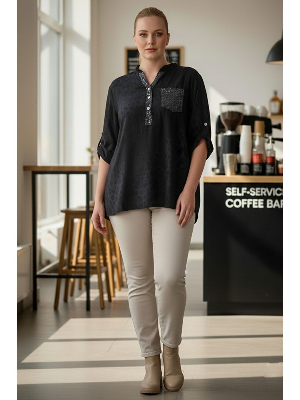 İtalyan Büyük Beden Siyah Hakim Yaka Düğmeli Uzun Kollu Pullu Cepli Casual Dokuma Bluz 72 65-1