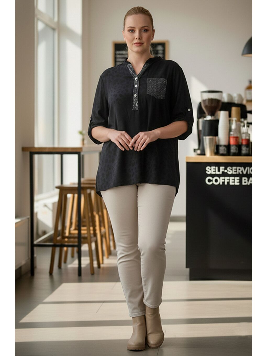 İtalyan Büyük Beden Siyah Hakim Yaka Düğmeli Uzun Kollu Pullu Cepli Casual Dokuma Bluz 72 65-2