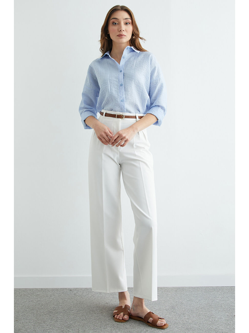 Mavi Basic Düğmeli Krinkıl Gömlek-1