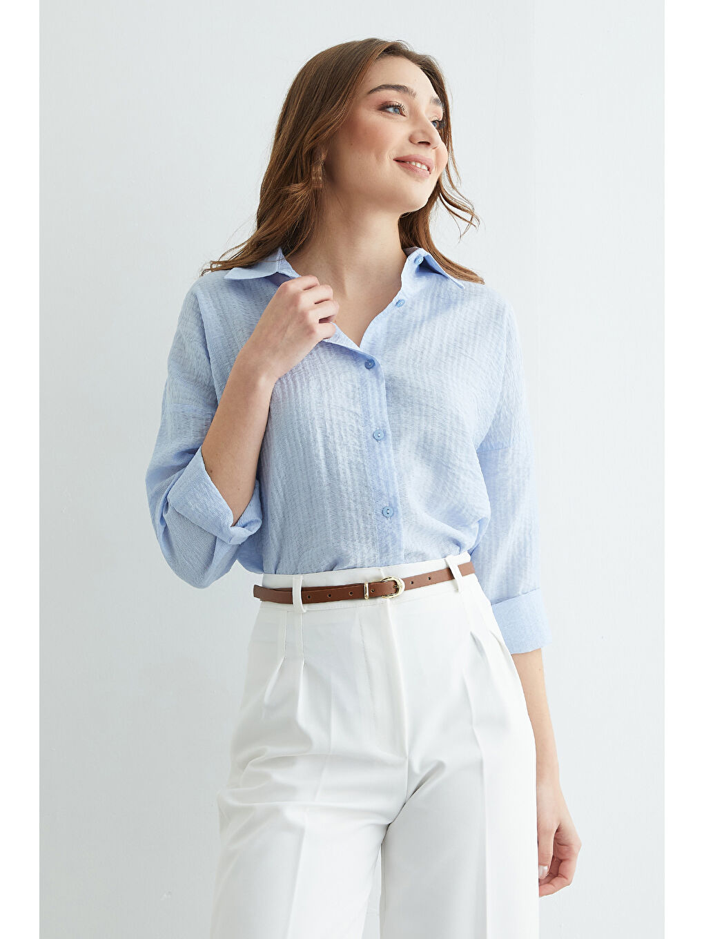 Mavi Basic Düğmeli Krinkıl Gömlek-2