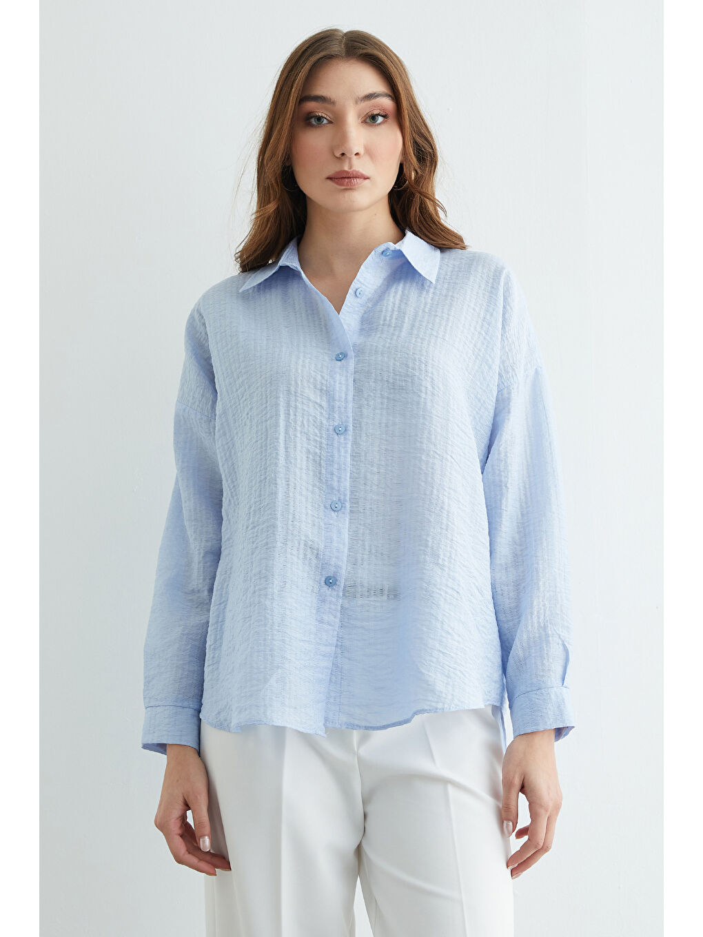 Mavi Basic Düğmeli Krinkıl Gömlek-3