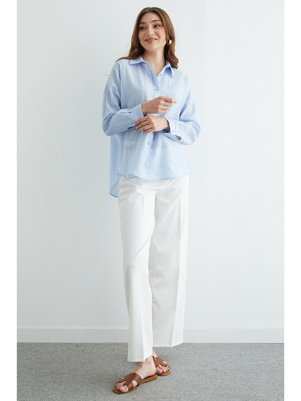 Mavi Basic Düğmeli Krinkıl Gömlek-4