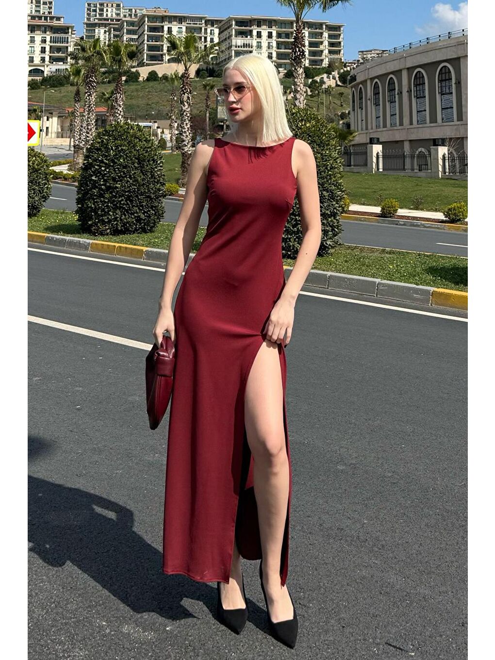 Bordo Maxi Boy Yırtmaç Detaylı Kadın Elbise Mg2367
